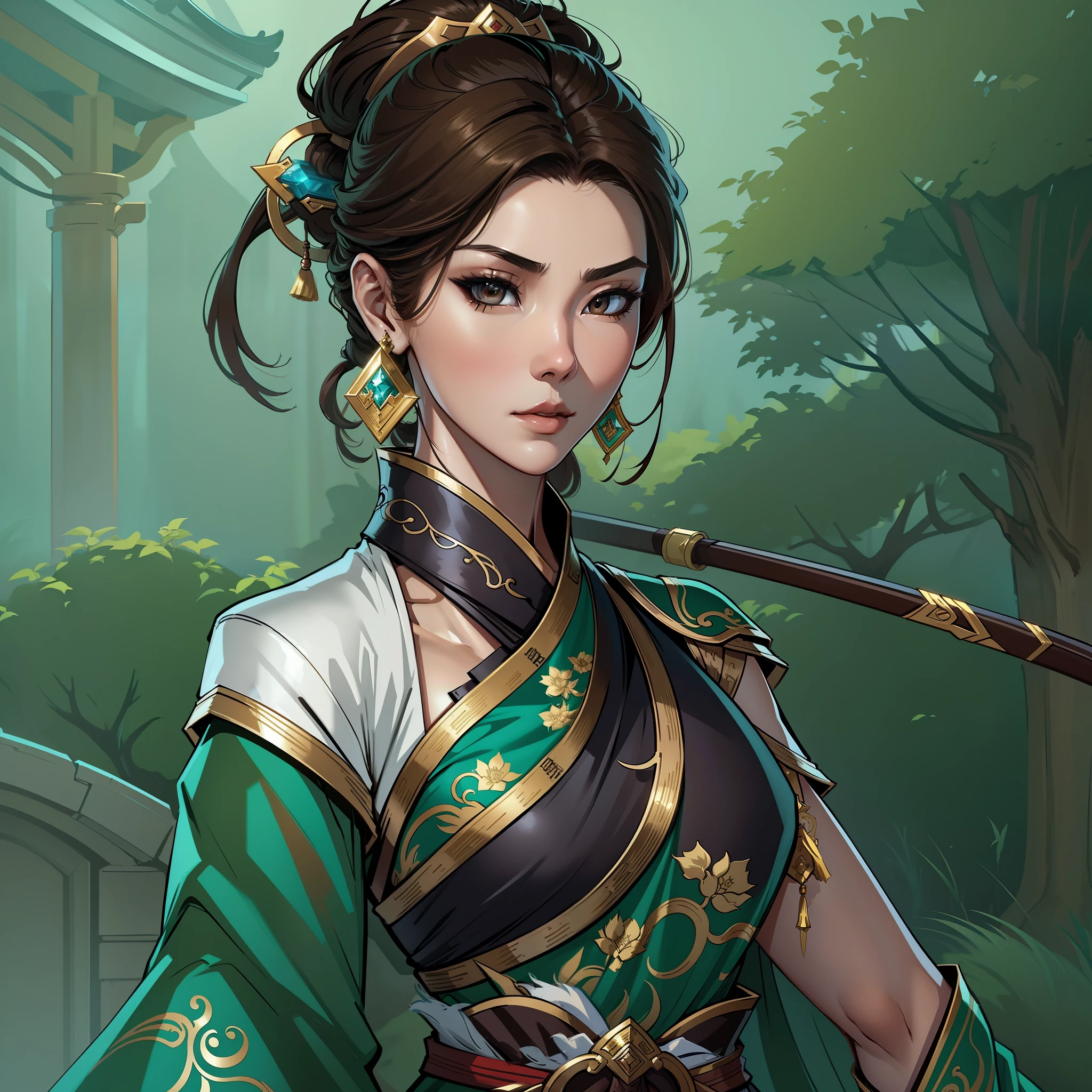 a close up of a woman in her 30's, with brown eyes eyes and brown hair, wearing a green and black ball gown dress, a heroine in wuxia style, with brown eyes, martial artist holding a longbow, standing in a chinese monastary, new costume concept design, in the style of blade and soul, full body character concept, detailed character design, inspired by Yang Jin, inspired by Li Mei-Shu, chinese costume, inspired by Lan Ying, inspired by Sim Sa-Jeong, inspired by Li Tang, lunar themed attire, costume with blue accents, inspired by Ju Lian, colored concept art, highly detailed character design, highly detailed face, inspired by Ai Xuan, very highly detailed face, unreal engine render, final fantasy 14 style, inspired by Leng Mei