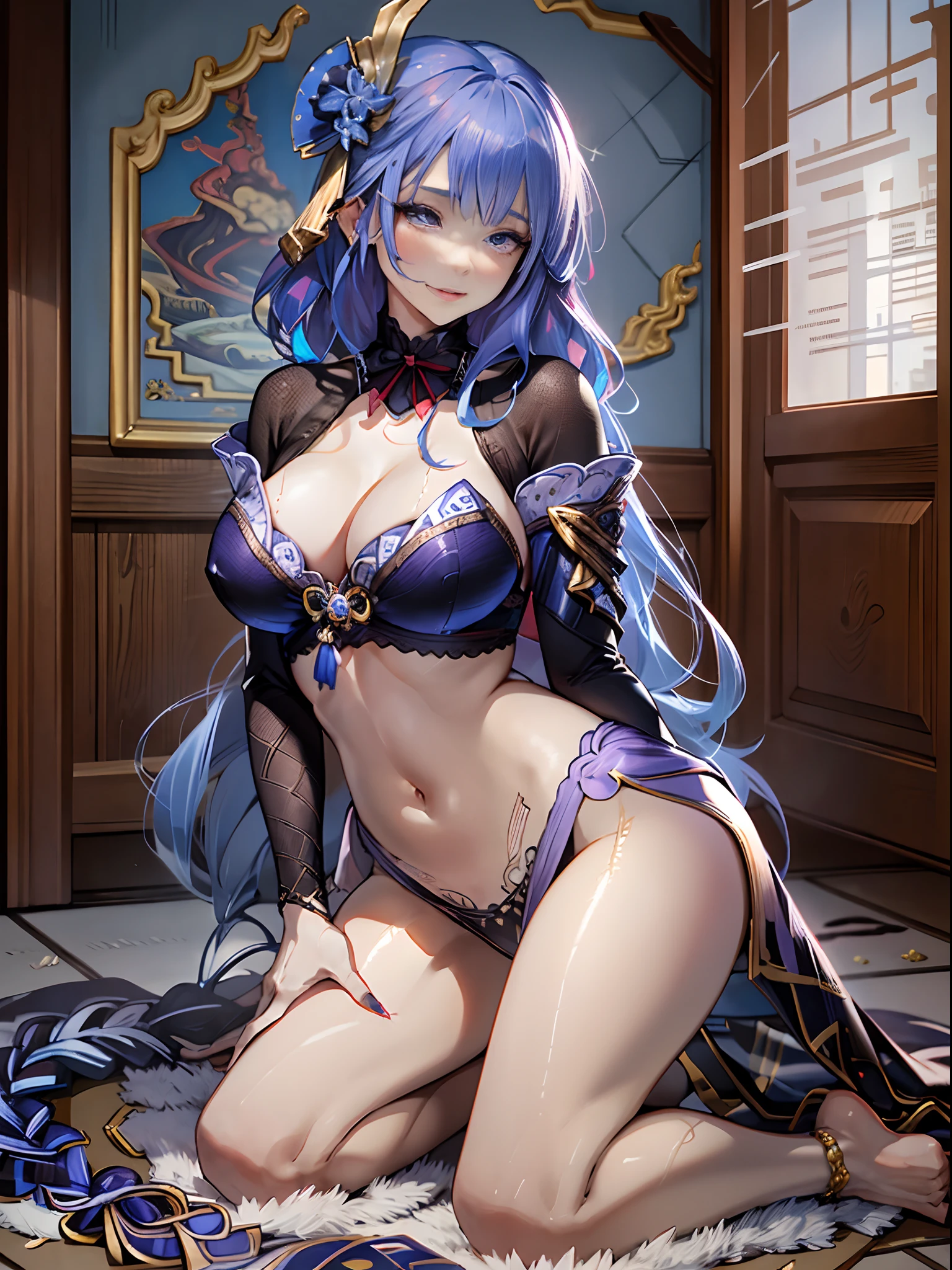 (Enrich the picture,Masterpiece level quality)Beautiful 8K CG artwork,Goddess-like posture,Kneeling exercise,Slim and soft,Translucent skin,Aqua blue hair、The beauty of extra-long hair, Super Long Straight Hair,The skin is fair and juicy,Big JK Uniform,Perspective Part 1.2x enhanced silhouette effect,Exquisite transparent blues pattern in pajamas,The details are intricate and exquisite,The background is slightly blurred,Charming and lustful leg seduction,Drool,Extra-large big breasts,Blush,Japan goddess,Perfect body slim curves,