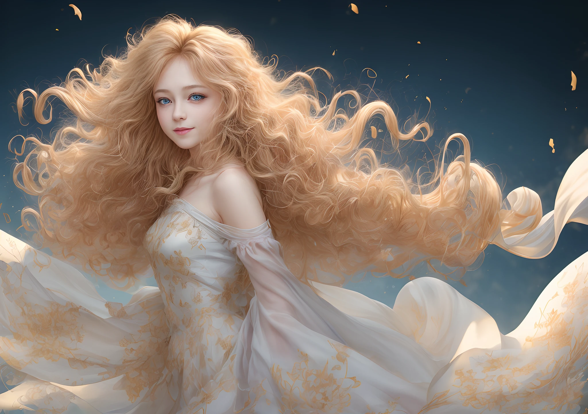 (top-quality、masterpiece), infp young woman, the pose, Particle, the wind, florals, The upper part of the body, simple background, View here, Long curly blonde hair blown by the wind、blue eyess、 Smiling、Gold floral dore on white cloth