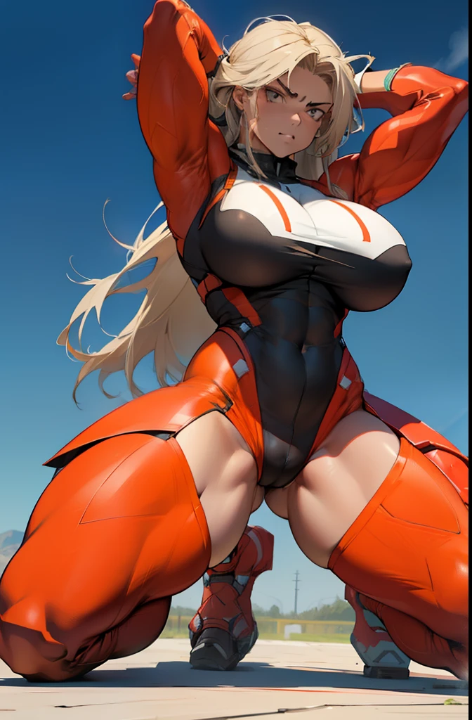 1girl, solo, long hair, (kneeling down), angry, ((perfect anatomy)), spreading legs, looking at viewer, presenting, ((((thick thighs)))), ((((huge breasts)))), (muscular), (full bodysuit), arms over head