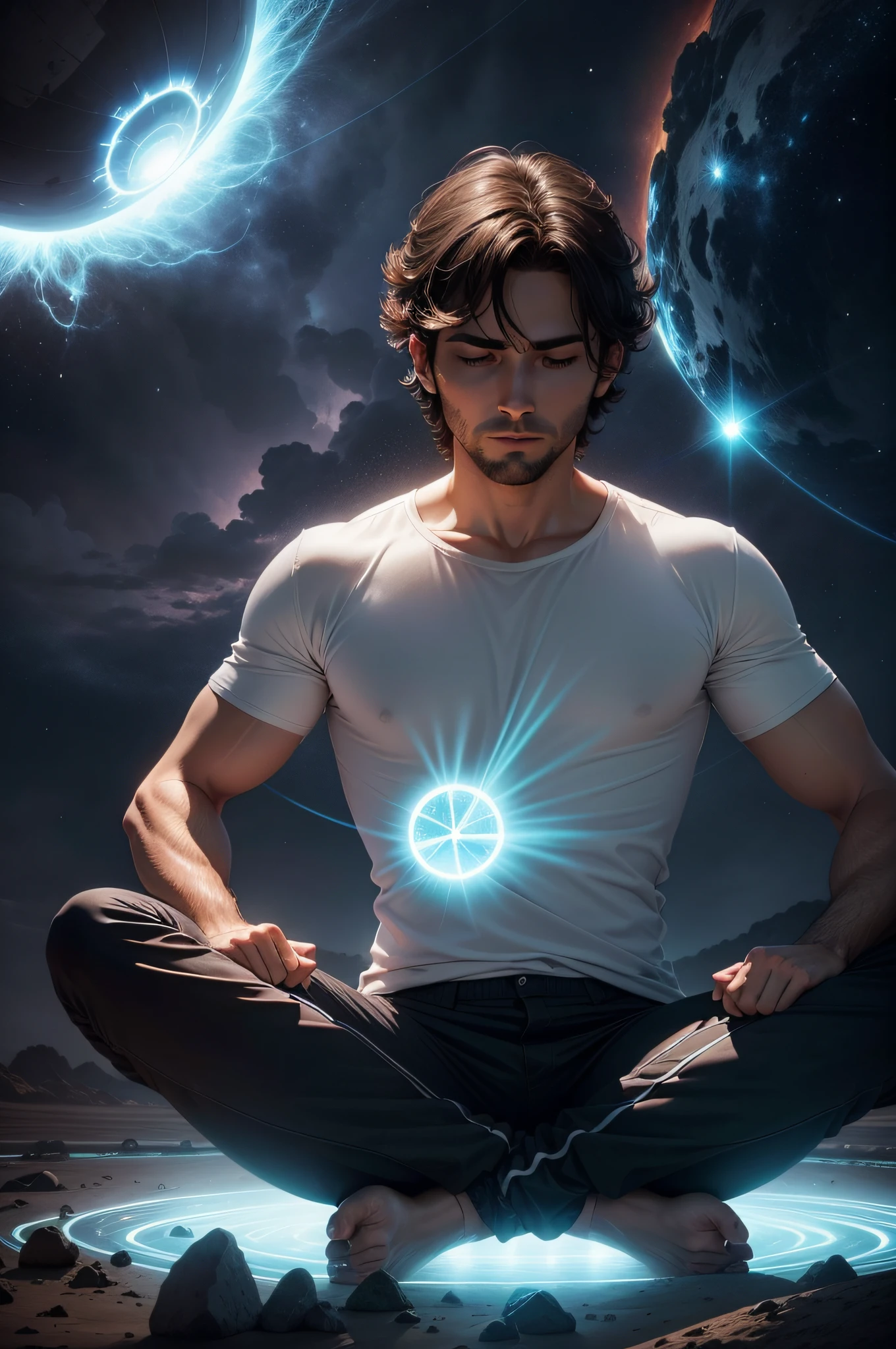 um homem meditando com um campo de energia saindo, Several giant blue rays resembling that of thunder coming out of it are a ball of energy field coming out of the middle of the body , um homem ultrarrealista, ele esta sentado e de olhos fechados, In Lotus position, com as duas palmas fechando uma na outra na horizontal, this one with pants and t-shirt, esta em um ambiente claro, bem ensolarado, na natureza.