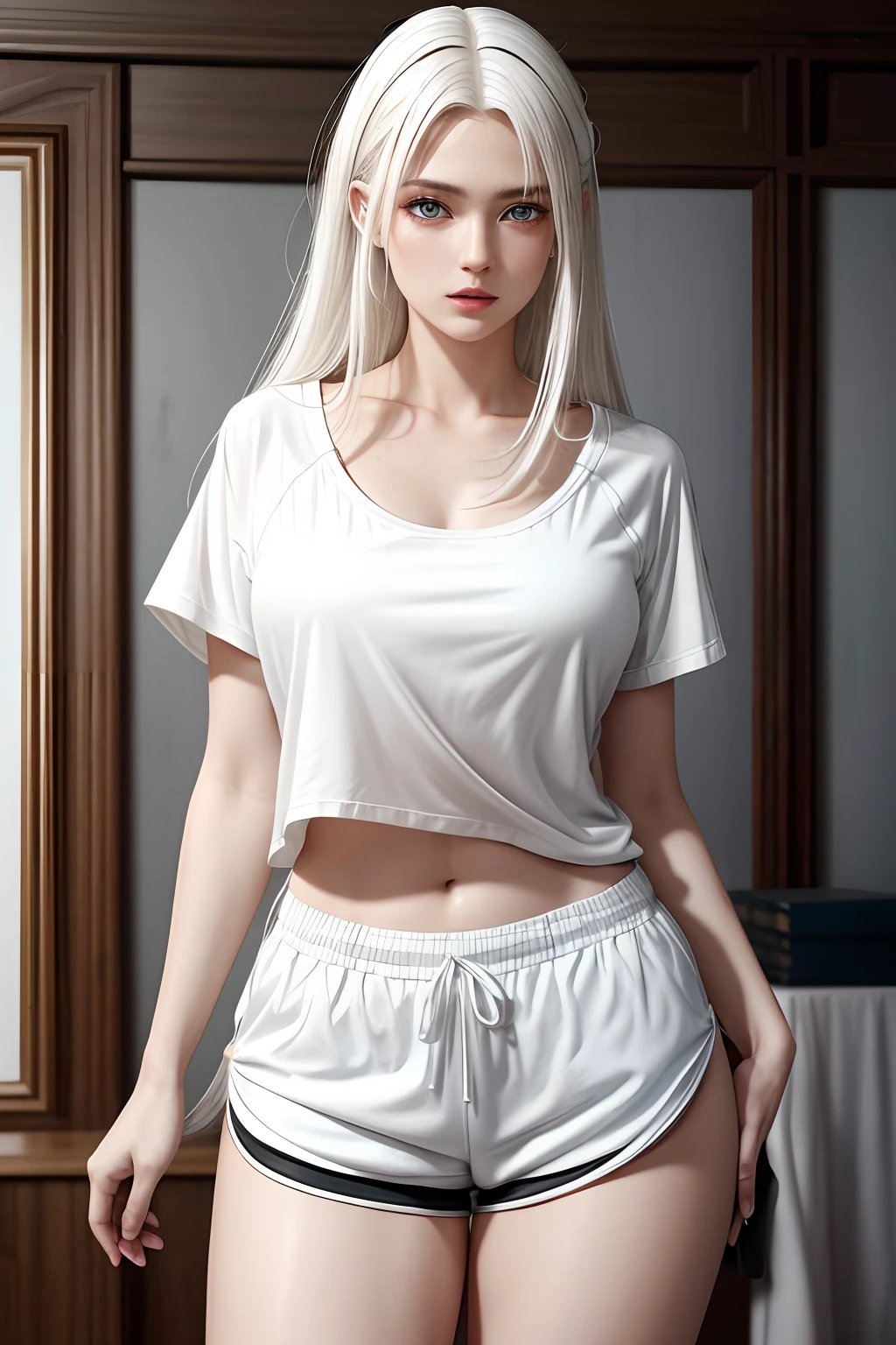 photorealistic, high resolution, 1 girl, white hair, blue eyes, loose white shirt, tight black shorts, thick thighs