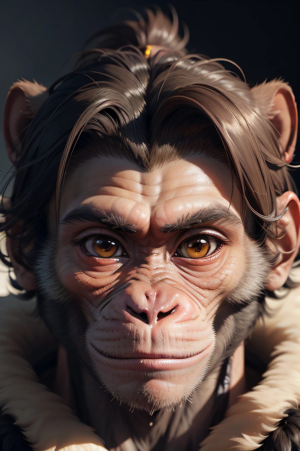 (monkey, close-up, expressive eyes, playful expression, detailed fur texture)