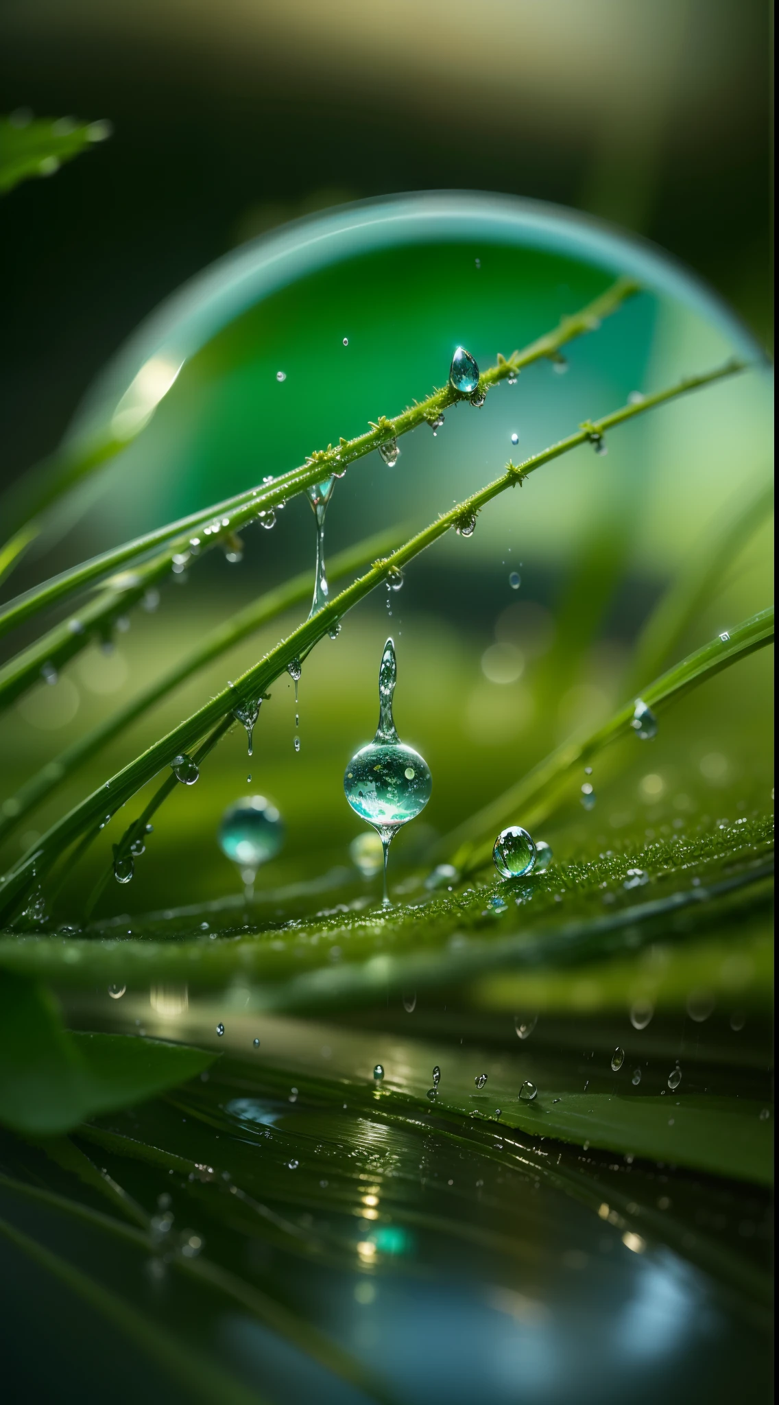 Morning, macro photograph, A drop of dew on the grass, ((Earth in a drop of dew)), (( The night city is reflected in a drop of water)), Beautiful landscape, 真实感, hiquality, The is very detailed
