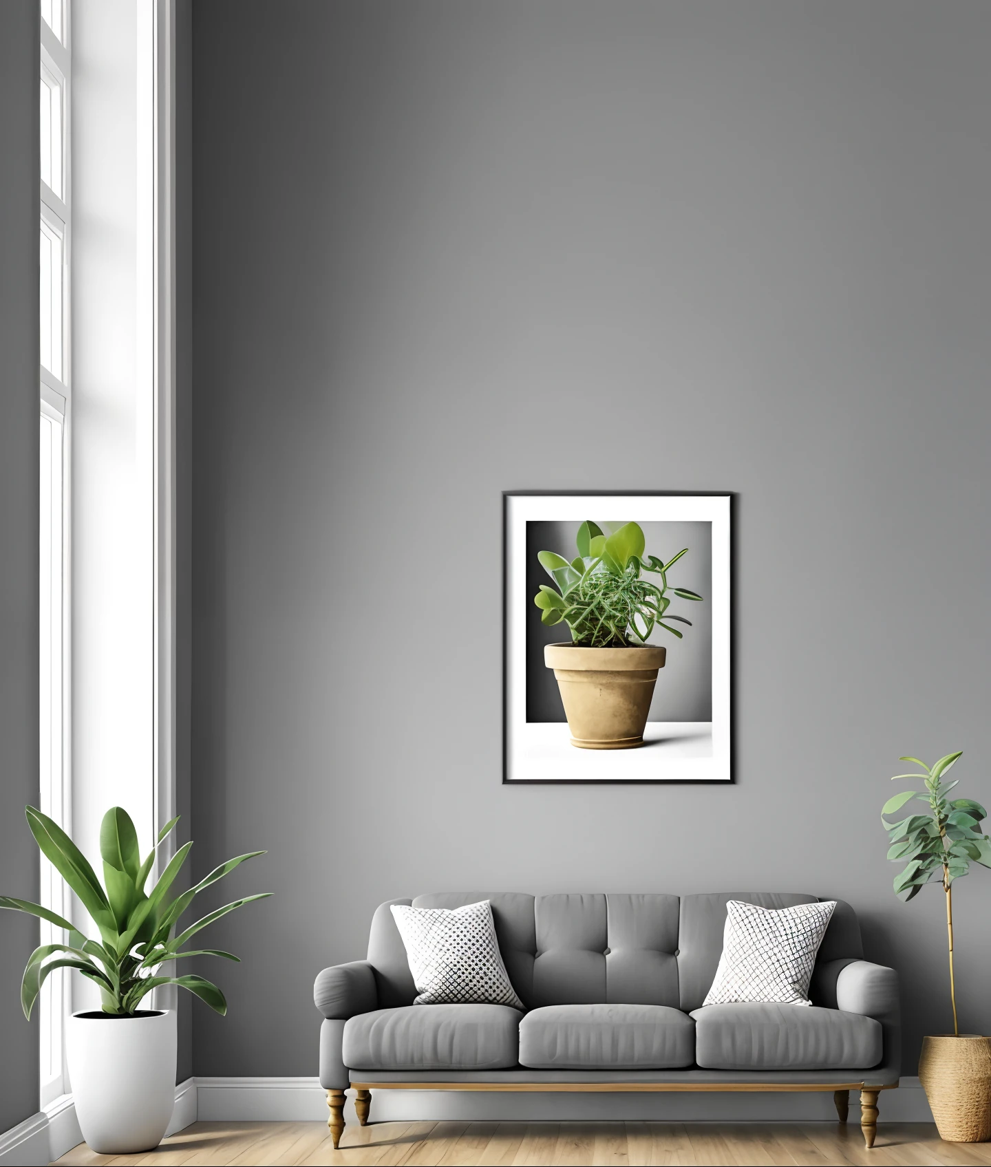 Mock up, Black Blank Poster Frame, grey concrete wall, Ancient Roman style Royal gold ornate couch, Elegant Potted Plant, shot on 12mm, hyper realistic