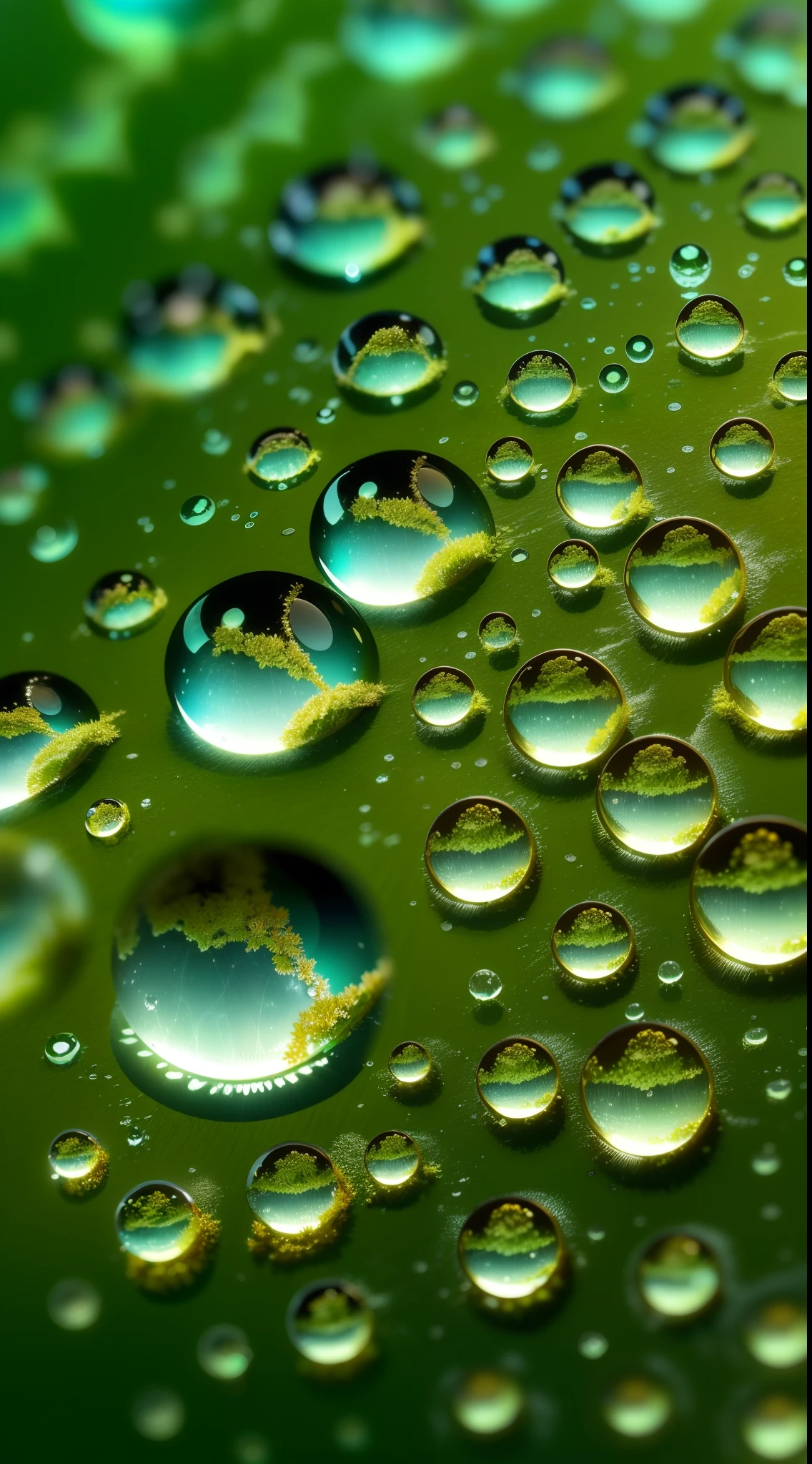 Morning, macro photograph, A drop of dew on the grass, ((Earth in a drop of dew)), (( The night city is reflected in a drop of water)), Beautiful landscape, 真实感, hiquality, The is very detailed