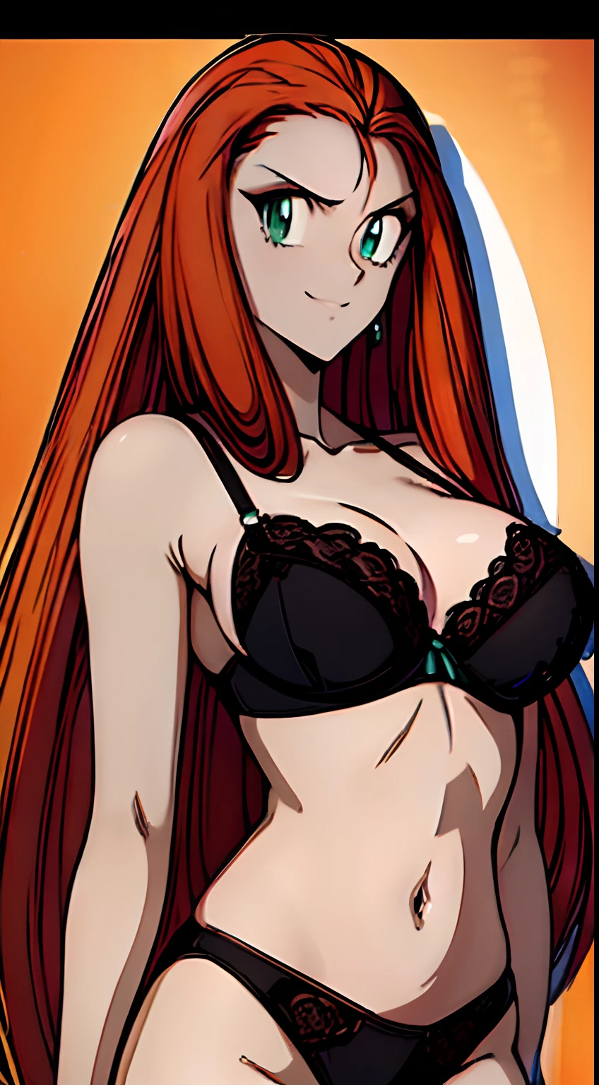 ((masterpiece)), ((best quality)), ultra detailed, detailed background, orange hair, Long Hair , green eyes, thin eyes, extreme large breast, long hair,, highest details, sexy, focus, Alluring, long legs, ((breasts shot)), (((wearing black lingerie ))), hentai style, sensual smile, erotic, erotic body, sexually suggestive, hentai body, sensual pose, naughty face, aroused body, on a beach