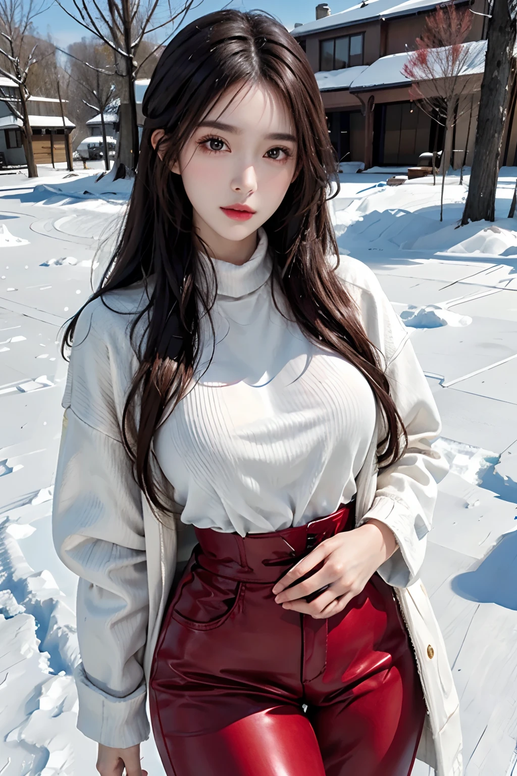 photorealistic, high resolution, 1women, solo, hips up, look at viewer, (detailed face), colorful winter clothes, snow