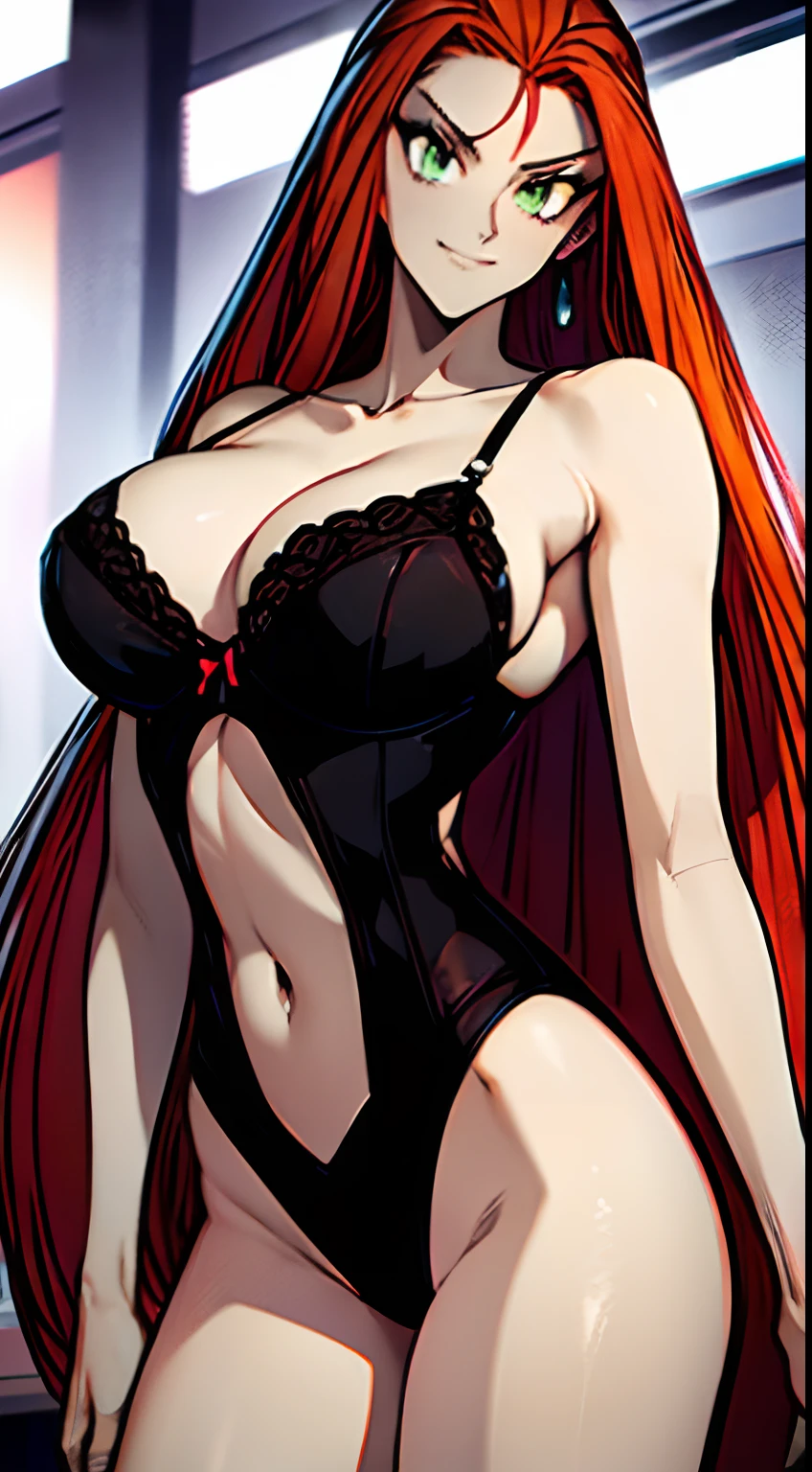 ((masterpiece)), ((best quality)), ultra detailed, detailed background, orange hair, Long Hair , green eyes, thin eyes, extreme large breast, long hair,, highest details, sexy, focus, Alluring, long legs, ((breasts shot)), (((wearing black lingerie ))), hentai style, sensual smile, erotic, erotic body, sexually suggestive, hentai body, sensual pose, naughty face, aroused body, on an office