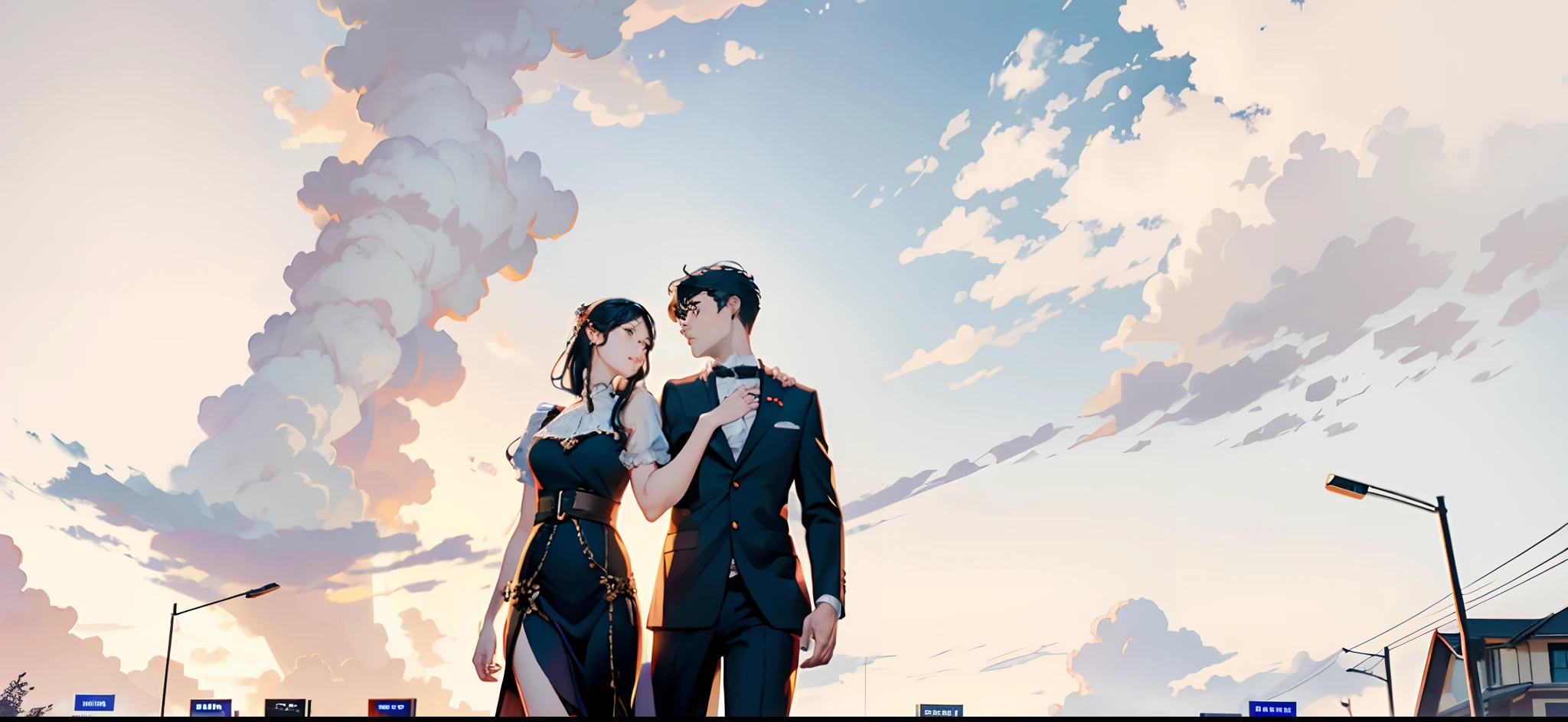 A man puts his arm around a woman, walking in the hotel lobby, evening sky, hotel lobby, fine facial portrayal, fine costume portrayal, ultra HD, 8K, vista, full body photo.