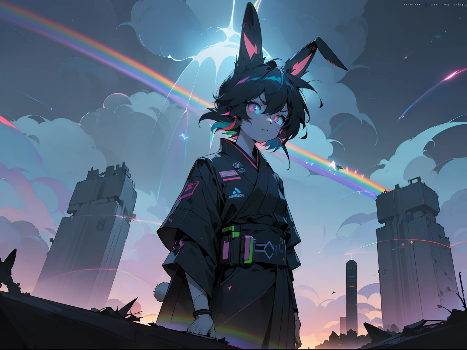 (((A group of rabbit superheroes fly over the Starlight Cloud dimension))),((holding light saber)), (((Cyberpunk bleak dark black bleak gray))), vampire hunter d, (Vintage VHS), (CRT screenshot), (((Dark scene))), (((Dark cloud scene))), (((Angel's egg anime))), (((Other anime experimental series))), (((Dystopian rainbow cloud scene))), (((Unlit night view))), (((Dark Abandoned Cyberpunk Astral Dimension))), (((Angry black human in kimono furry rabbit warrior,Explore ancient rainbow clouds in uniform and tall rabbit ears))), (((Cyberpunk dystopian rainbow clouds filled with glowing stars))), Anime Black Rabbit superhero,Has futuristic hair and glowing glowing eyes and tall bunny ears, Anime art, animeaesthetic, (((Old rainbow thunderstorm cel art in the background))), Kimono anime rabbit, wearing cybernetic bunny ears, Angry warriors --v6