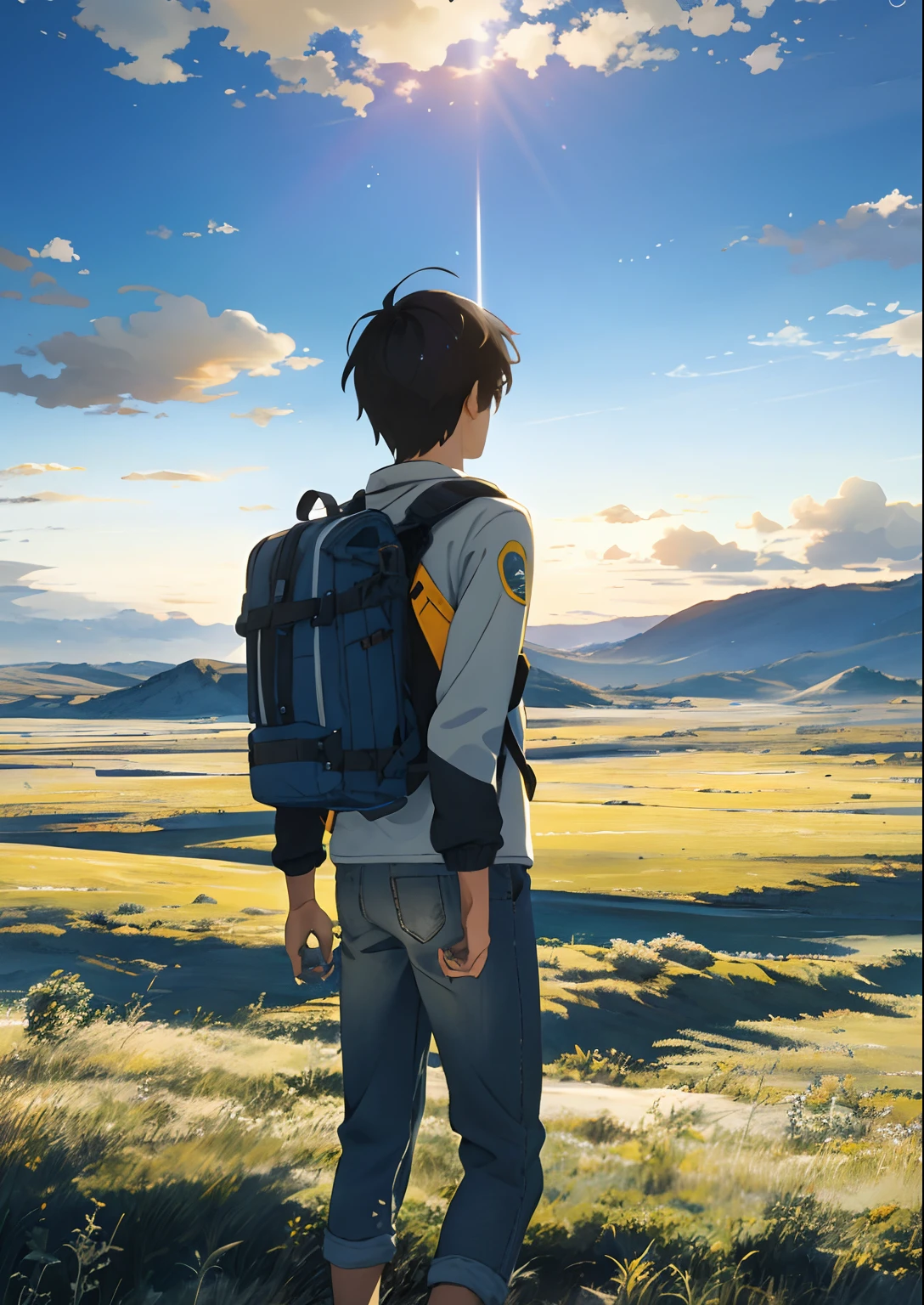 The vast sky，the beautiful skyline，Large grasslands，Intense and dramatic imagery，the moving visual effects，the high-hanging Polaris，Colorful natural light。A long-sleeved top，denim short，Back backpack boy，In Siberia