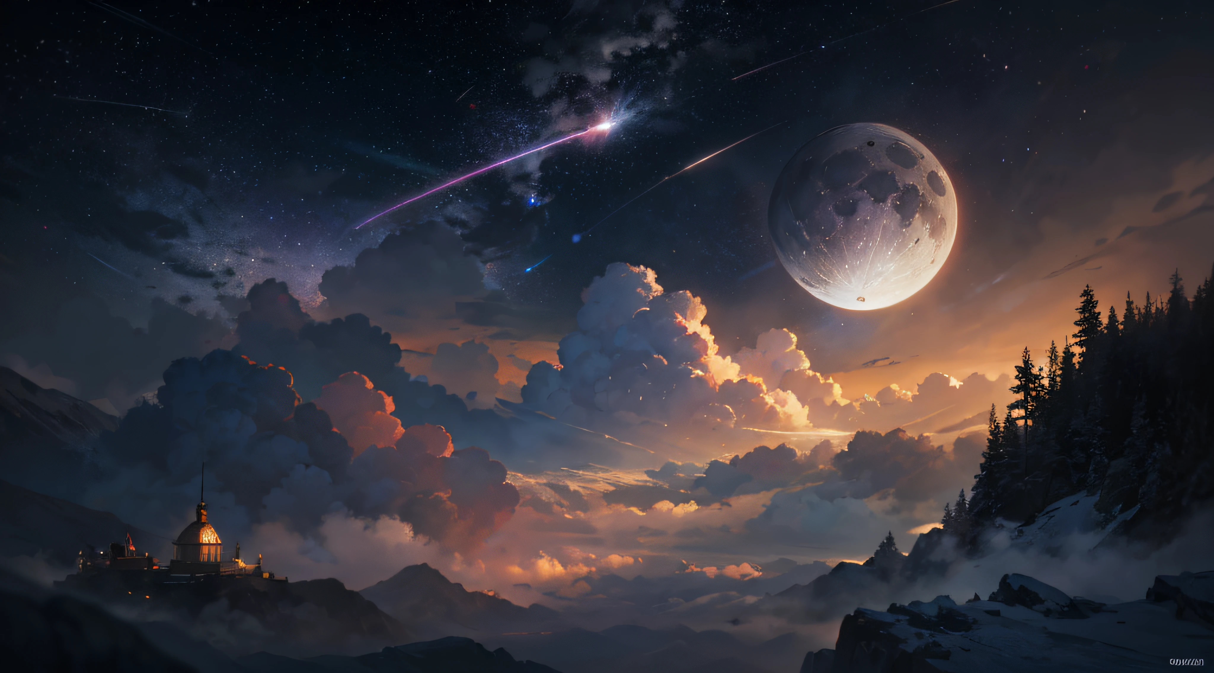Expansive landscape photograph,(moon full:1.2),(meteors:0.9),(Starcloud:1.3),(Warm light source:1.2),(glowworm:1.2),lamp lights,Lots of purple and orange,Complicated details,Volumetriclighting,Realism BREAK(tmasterpiece:1.2),(best qualtiy),8K,Ultra-detailed,(dynamic compositions:1.4),The is very detailed,Colorful details,(Irridescent color:1.2),(luminouslighting,Atmospheric lighting),dream magical,magical,(独奏:1.2),((best qualtiy)), ((tmasterpiece)), (the detail:1.4),depth of fields,maximum definition and sharpness,perfectly proportions,Fluttering clouds,Wallpapers
