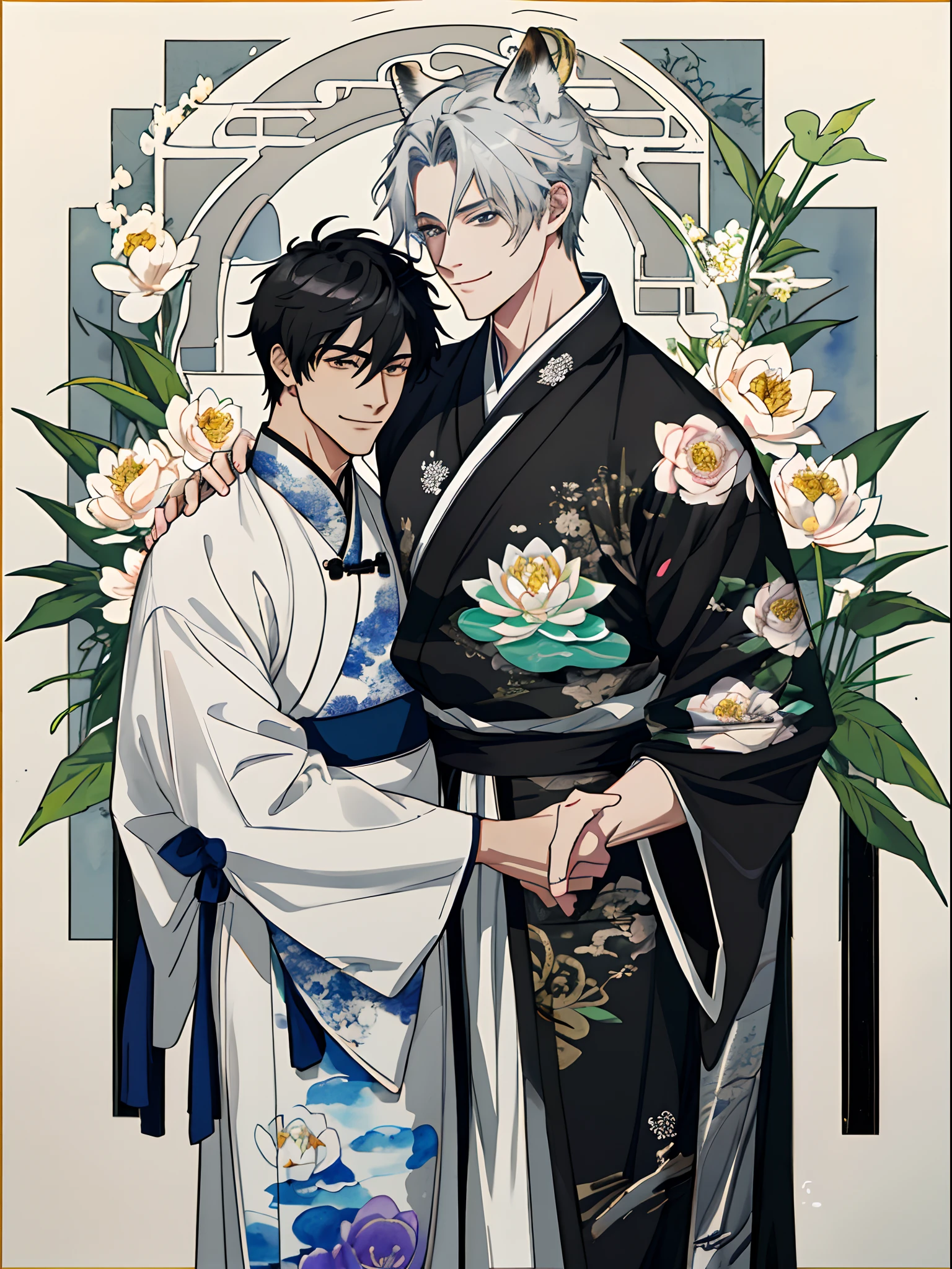 (8K, hight resolution, ultra-detailliert), Gay Couple, 1 man and 1 man, Mature, Hair color is different, (cuddling), full bodyesbian, a blonde and a black hair, (Two men smiling face to face)、Gray-haired man with beautiful fox ears、Strong man with black hair with wolf ears、ink and watercolor painting、Traditional Chinese Ink Painting、lotuses、Hanfu、Maxi Kit、Dress conservatively、Animal ears, Knights、bule、florals、Lots of flowers nearby、shenron、extra detailed face