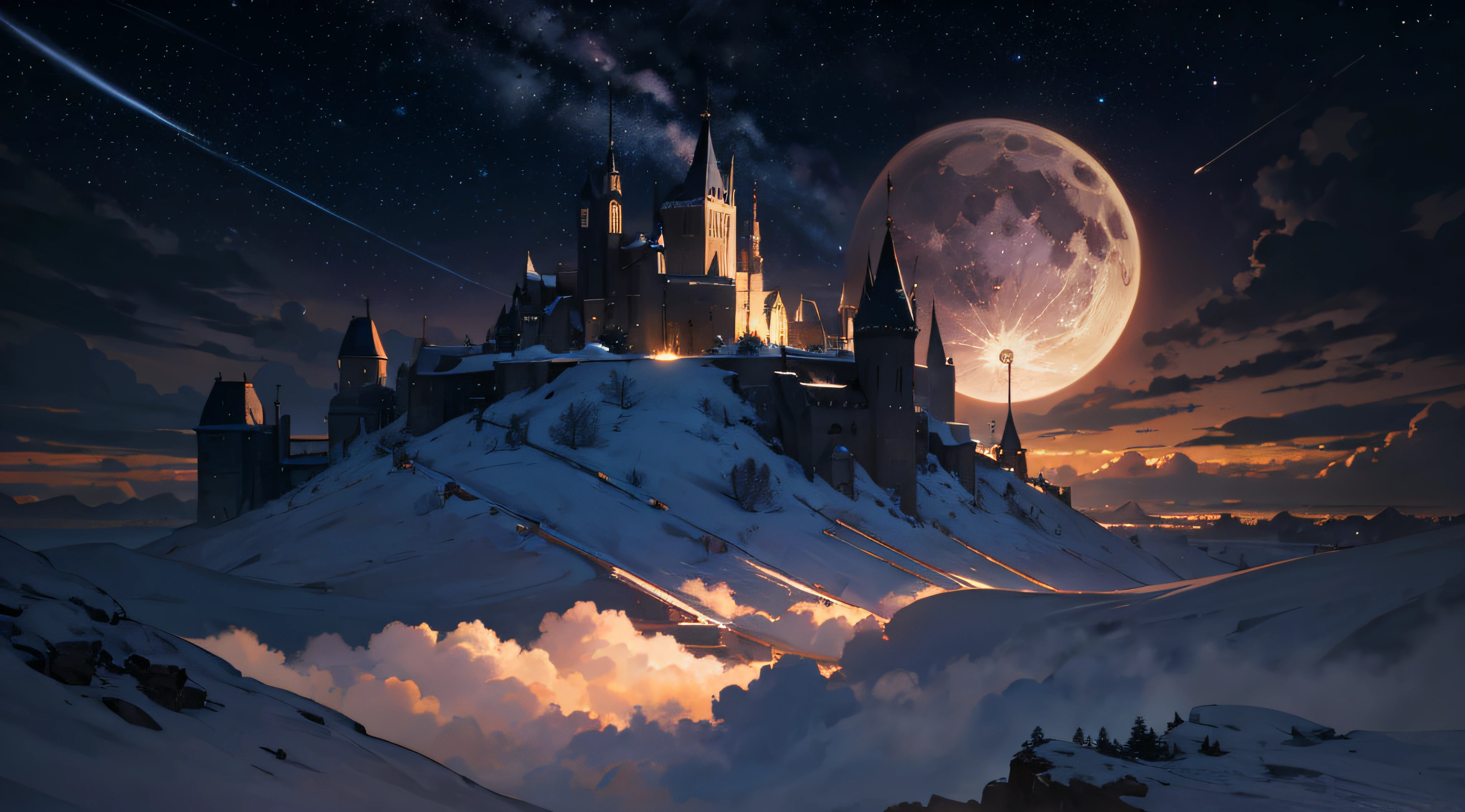 Expansive landscape photograph,(moon full:1.2),(meteors:0.9),(Starcloud:1.3),(Warm light source:1.2),(glowworm:1.2),lamp lights,Lots of purple and orange,Complicated details,Volumetriclighting,Realism BREAK(tmasterpiece:1.2),(best qualtiy),8K,Ultra-detailed,(dynamic compositions:1.4),The is very detailed,Colorful details,(Irridescent color:1.2),(luminouslighting,Atmospheric lighting),dream magical,magical,(独奏:1.2),((best qualtiy)), ((tmasterpiece)), (the detail:1.4),depth of fields,maximum definition and sharpness,perfectly proportions,Fluttering clouds,Wallpapers
