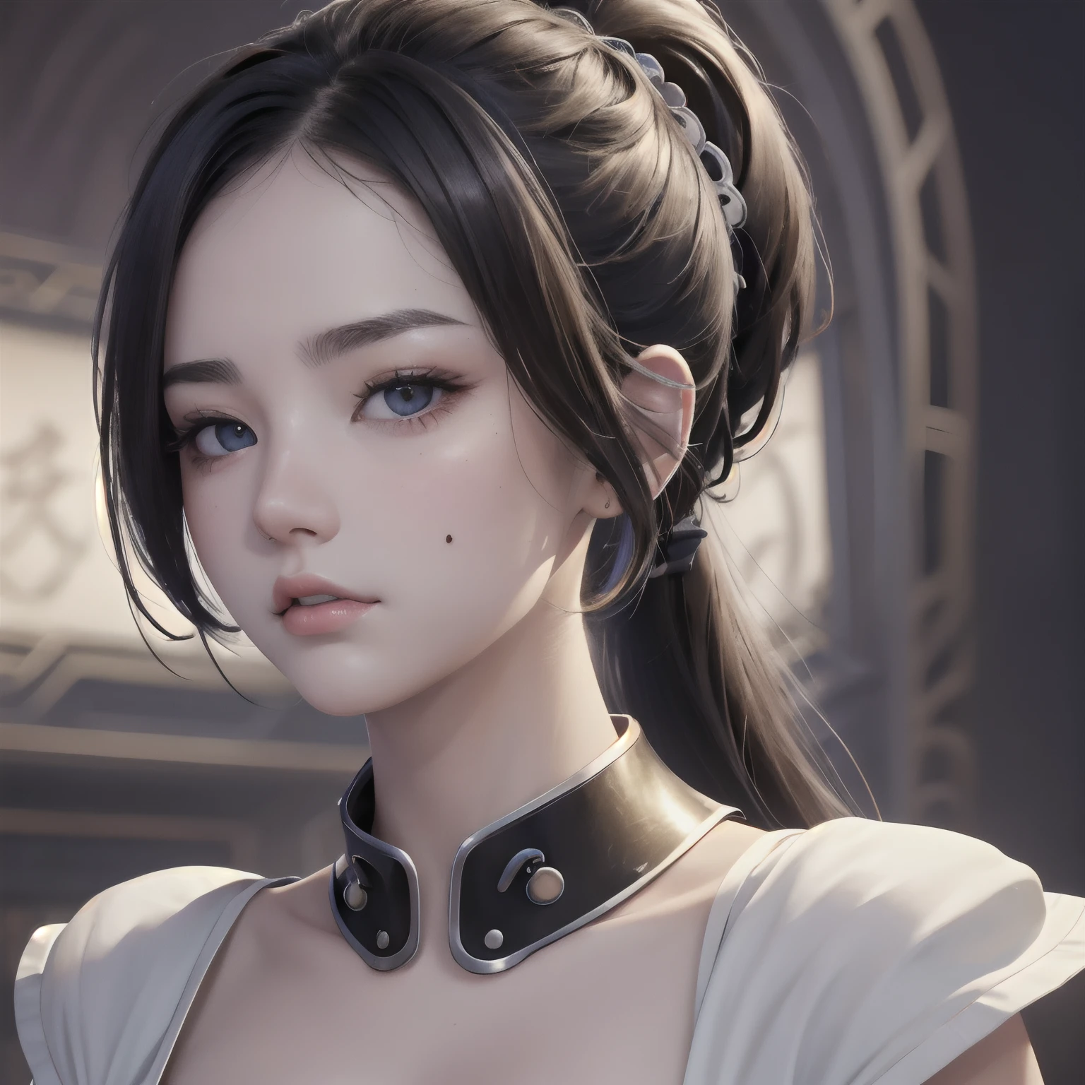Female neck, white skin, take a deep breathe, close-up neck, looking up, sexy girl, gorgeous chinese girl, front Face, E cup, Overall, black hair, hair behind ear, ponytail, long hair, mole under eye, heterochromia, closed mouth, naughty face, full body, Surrealism, modern, Realism, Verism, cinematic lighting, film grain, Ultra-Wide Angle, fisheye, UHD, masterpiece, anatomically correct, high details, best quality, 8k --auto