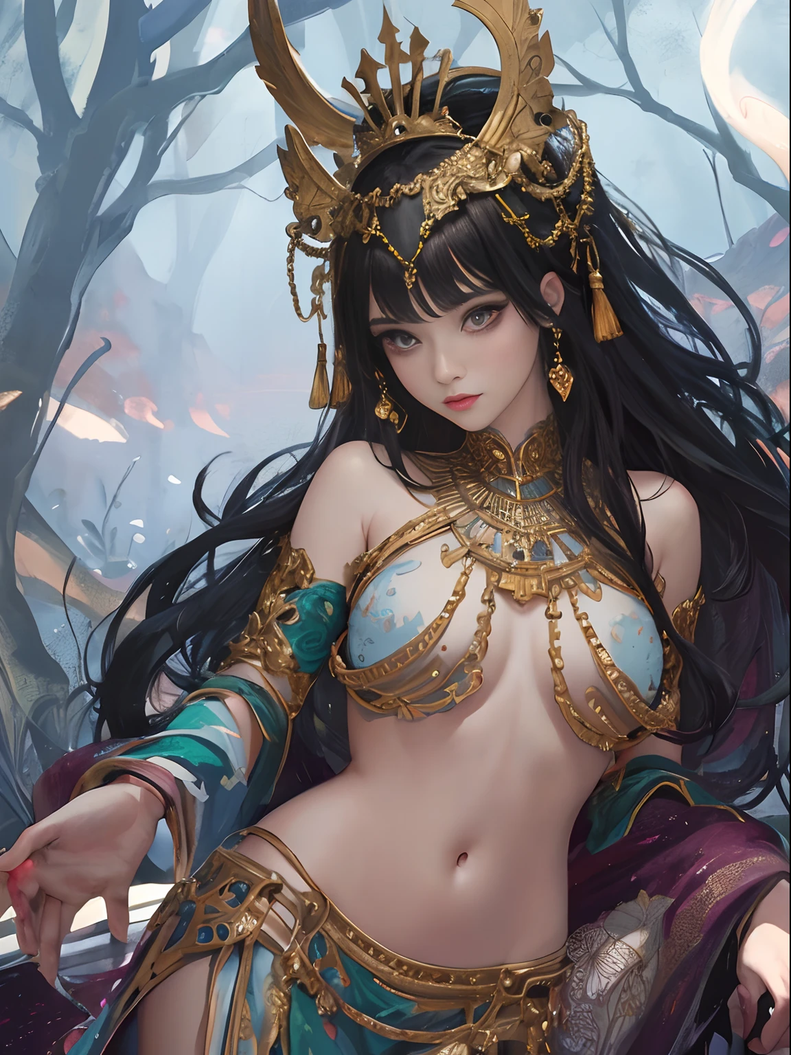 full body, Create a beautiful tree, tree woman With the torso with a feminine silhouette. with the female silhouette, a perfect body. With green leaves.digital drawing, perfect face, Glossy skin, 8k concept art portrait, dynamic lighting, superdetail, detailed image, complex background, alcohol ink drawing.,beautiful woman, A woman with black hair wearing a colorful outfit and a black background with paint splatters, by Hirohiko Araki, Official Art, Unity 8K Wallpaper, Ultra detailed, beautiful and aesthetic, Masterpiece, Best Quality, (Zenredar, mandala, tangle, tangle), 1girl, extremely detailed, Dynamic Angle, cowboy, The Most Beautiful Form of Chaos, elegant, A brutalist designed, bright colors, romanticism, By James Jean, Gerhard Richter, Takato Yamamoto, Ashley Wood, atmospheric, ecstasy of musical notes, streaming musical notes visible,Wtrcolor style, blown by the wind, Masterpiece, Beautiful, ((watercolor)), Paint Splatters, Intricate Details. High Detail, [drip:0.7], Trending on Artstation, Rachel Walker,Style-Painting-1900, A gorgeous nude stunning woman completely covered in paint floating in a pool, beautiful lighting, big detailed beautiful eyes, Nirvana, relaxed, body full, paint drops, Paint Swirls, Paint Splatters, (Beautiful Spiral Paint Swirls), by Jeremy Mann, By Sandra Chevrier, vivid contrasting colors, chromatic abberation, black background, behance HD, Masterpiece, Best Quality , (realistic:1.2), (high contrast:1.2),Gold decoration, goddess of the forest, beautiful caucasian girl in close-up, beautiful goddess fused with the forest and trees, black hair fused with platinum and gold, naked girl, beautiful visible pubic area, pink pesones, small breasts in sight, pond of water in the garden