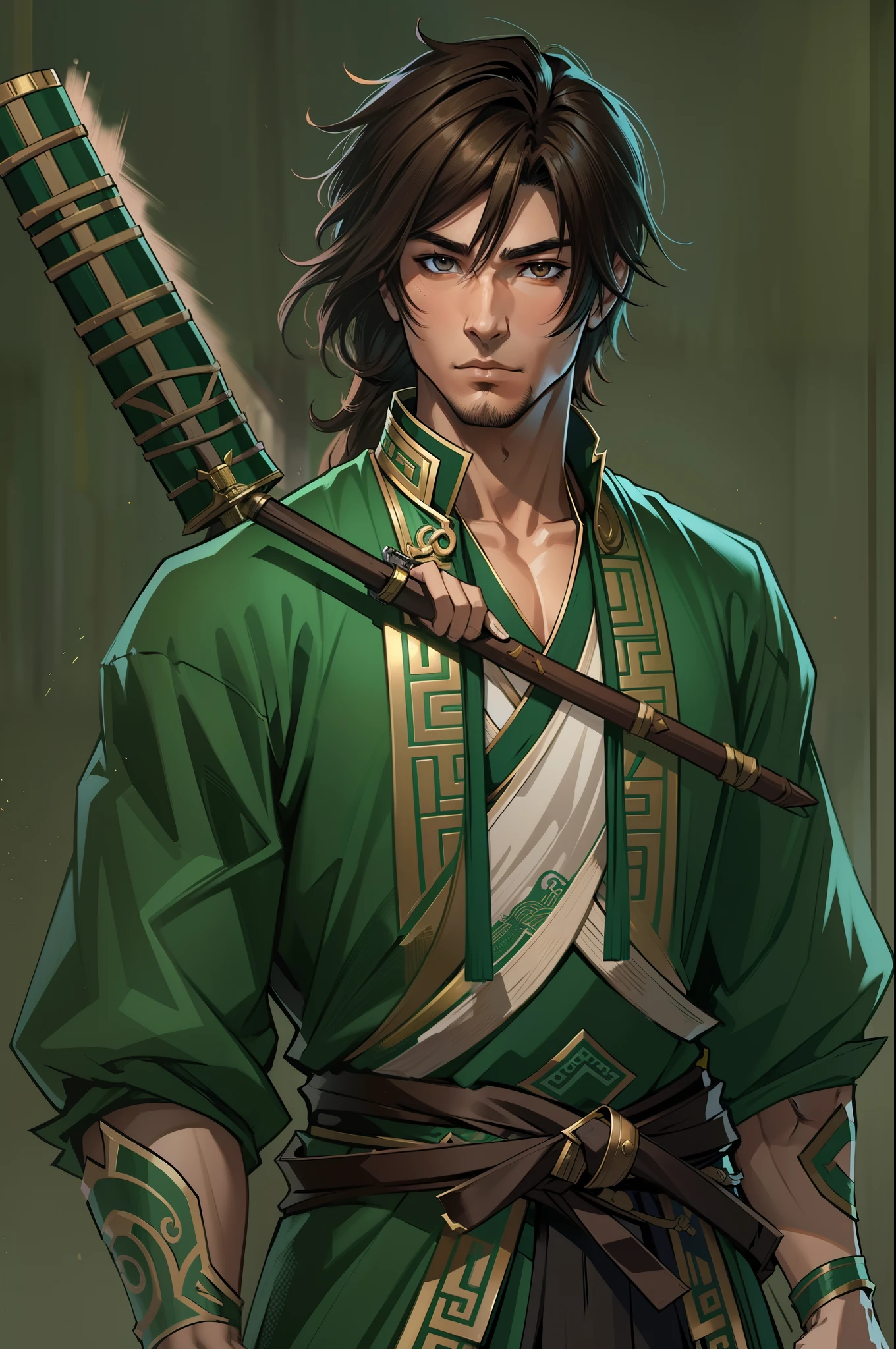 a young man in his 30's, with brown eyes and scruffy brown hair, wearing a green and black outfit, a hero in wuxia style, with brown eyes, martial artist, martial artist holding a staff, standing in a chinese temple, in the style of blade and soul, full body character concept, detailed character design, chinese costume, very highly detailed face unreal engine render, final fantasy 14 style, lunar themed attire, costume with blue accents