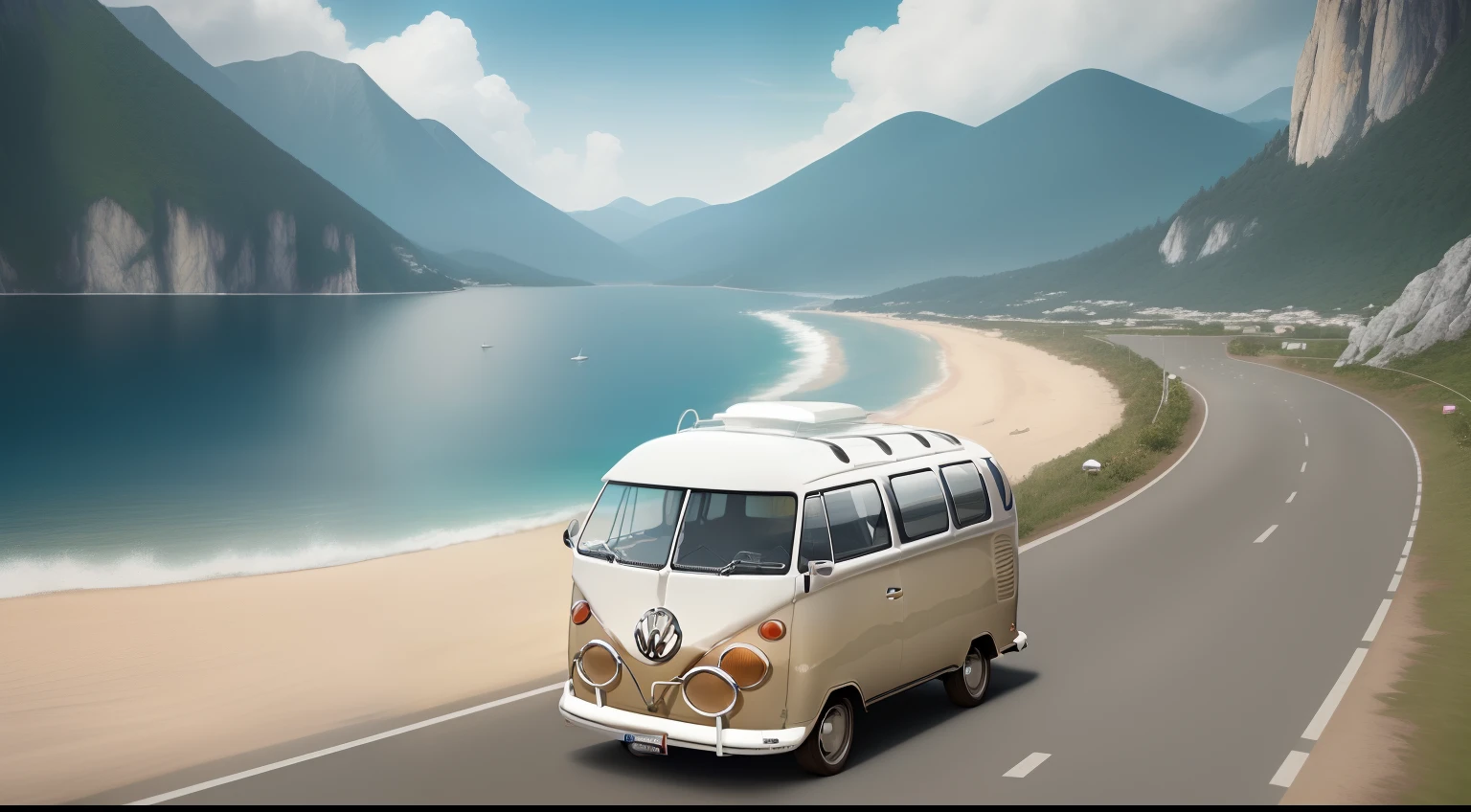 ((best quality, 8k, workmanship: 1.3))(((There is a completely beige Volkswagen Kombi 97))), (((rear body shape))), Side by side, ((walking along a paved coastal road that borders a hill full of high vegetation, a high mountain that is on the left side, on the other side a large hill that in the background shows the beach sand and the sea full of waves on the right side))), hyper realistic, without errors in the glasses, on the tire, perfect details, ultra realistic, best image, (season art: 1.2), (cinematic: 0.55), perfect flashlight, perfect license plate, perfect tire, perfect volkswagen logo, perfect front, no errors, perfect Kombi