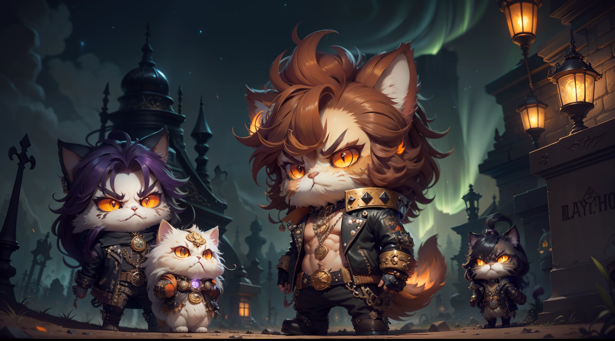 persian cat Anthropomorphic, steampunk ,, , studded leather jacket with intricate ornamentation orange and purple , pirate steampunk theme,, , highest quality,, very angry face, body fitness, full body, long hair with braids , at night in the cemetery with fireflies and a northern aurora in the sky near the moon
