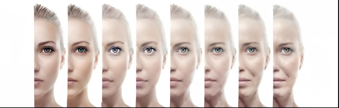 a woman with multiple faces in a row of different photos, envelhecimento, simetria facial, simetria facial bonita, simetria facial perfeita, symmetrical facial, each face defines precisely, symetrical facial, simetria facial perfeita, Age lines, simetrical face, rugas e tecidos musculares, facial feature symmetry, rosto jovem, simetria facial, Rostos diferentes das mulheres, rostos femininos