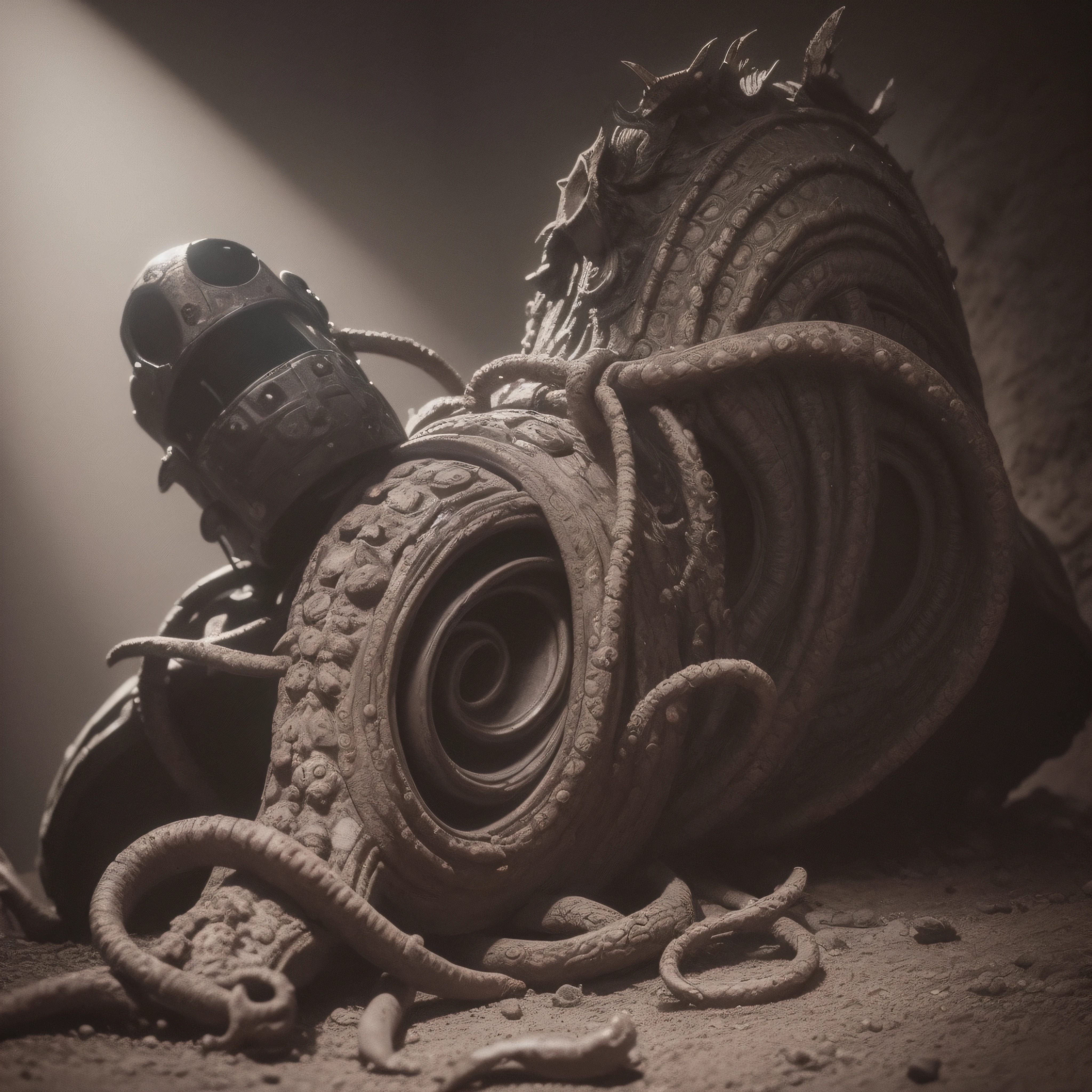 (extremadamente detallado, obra maestra, La mejor calidad), Estilo oscuro, intense illumination, rostro con arrugas, soldier, medieval armor, rusted, axe, tentacle, monstruoso, interior de una piscina de agua verdosa, imagen submarina, alien con Colmillos finos. manchas de tinta. Rococo composition. Luz de caravaggio