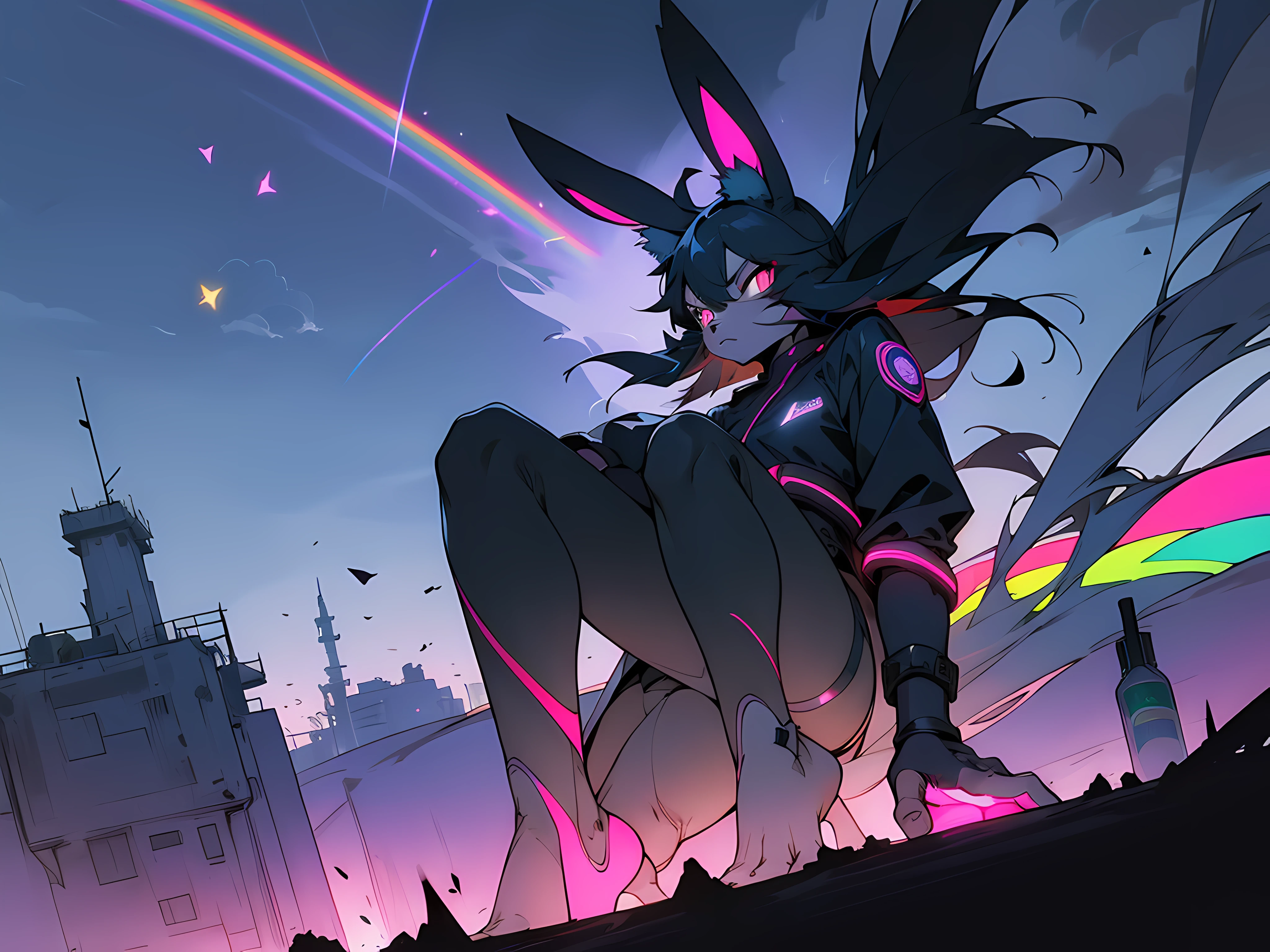 (((crowd of bunny superheroes flying through astral cloud dimension))), (((cyberpunk bleak bleak bleak dark black black black bleak gray))), vampire hunter d, (vintage vhs), (crt screenshot), (((dark scene))), (((dark cloudy scene))), (((angel's egg anime))), (((serial experiments lain anime))), (((dystopian rainbow clouds scene))), (((unlit nighttime scene))), (((dark abandoned cyberpunk astral dimension))), (((angry black anthro kemono furry rabbit fighters with uniforms and tall bunny ears exploring old rainbow clouds))), (((cyberpunk dystopian rainbow clouds filled with glowing stars))), anime black rabbit superheroes with futuristic hair and piercing glowing eyes and tall bunny ears, anime art, anime aesthetic, (((old rainbow thunderstorm in background cel art))), kemono anime rabbits, wearing cybernetic bunny ears, angry fighters --v6