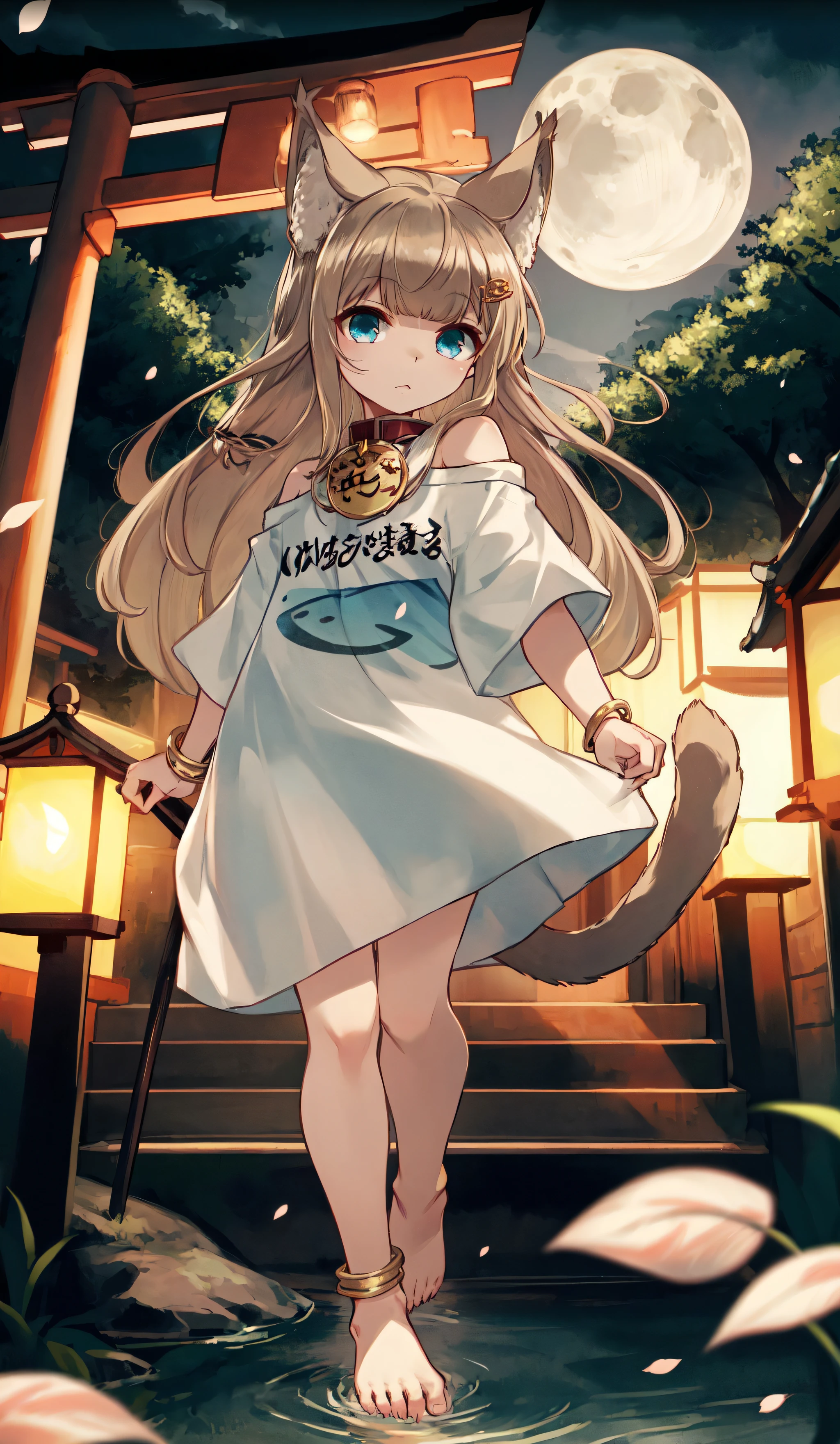 masterpiece,best quality, torii, cherry blossoms, lantern light, depth of field, east asian architecture, moon, sparkle, (soaking_feet:1.1), dappled_sunlight, ripples,1girl,solo , cat ears, animal_ear_fluff , anklet, bangs, bare_shoulders, blue_eyes, dress, feet, hair_ornament, hairclip, jewelry, long_hair, looking_at_viewer,t-shirt, standing