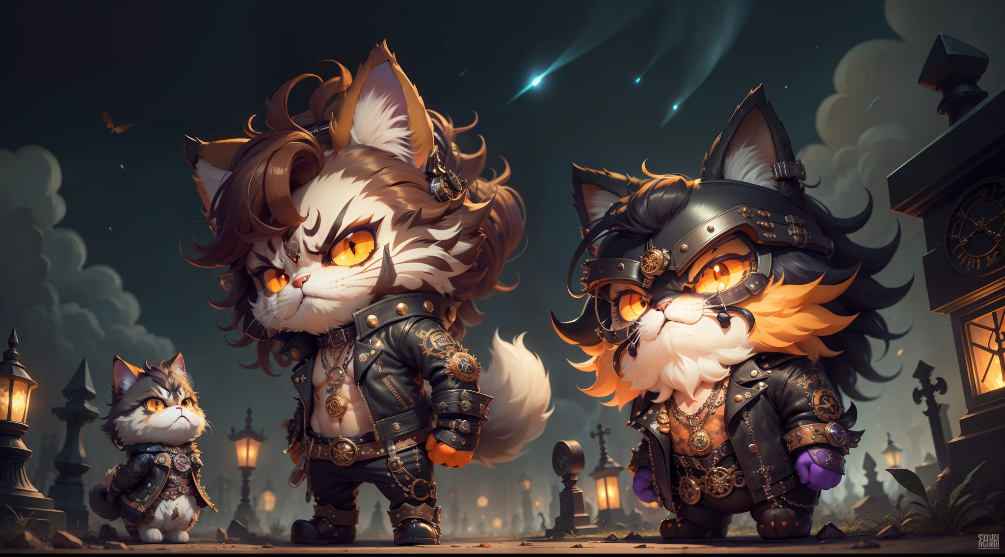 persian cat Anthropomorphic, steampunk ,, , studded leather jacket with intricate ornamentation orange and purple , pirate steampunk theme,, , highest quality,, very angry face, body fitness, full body, long hair with braids , at night in the cemetery with fireflies , in the sky
  near the moon and the constellation of cancer