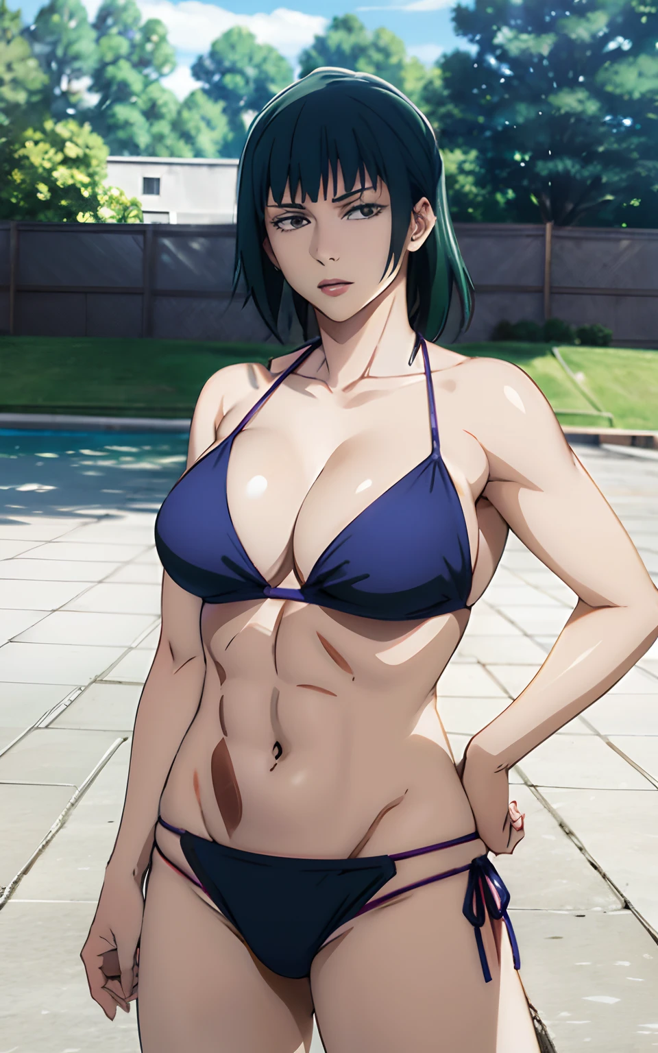 Maki Zenin,bikini tanga, ser,cabello verde oscuro, bien proporcionado,musculosa,grandes muslos,pecho mediano,mirando de espalda,trasero mediano,cuerpo entero.