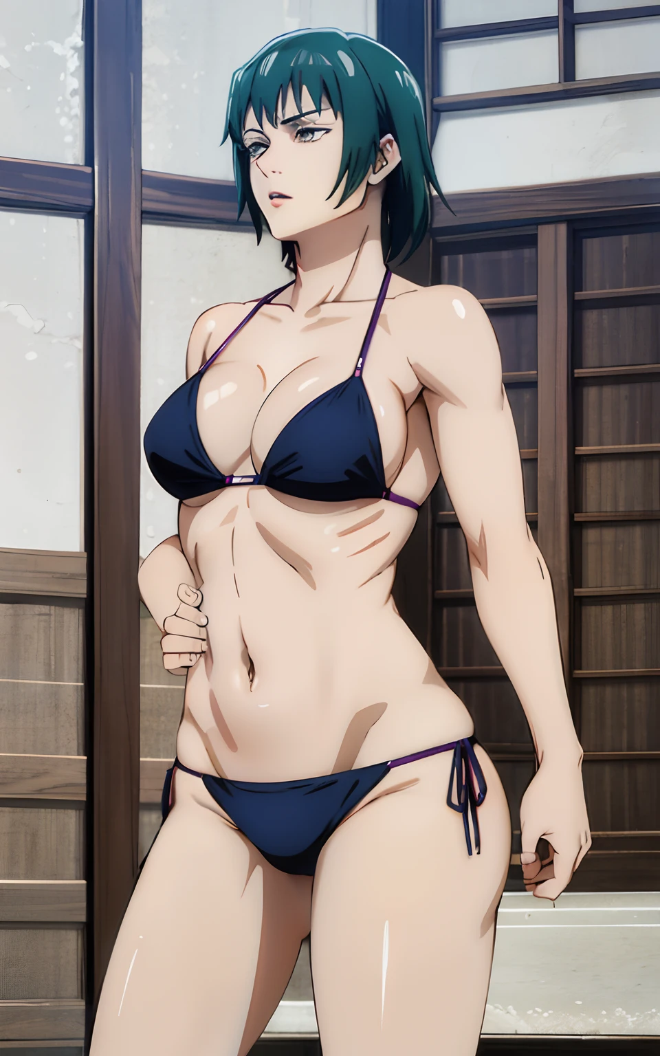 Maki Zenin,bikini tanga, ser,cabello verde oscuro, bien proporcionado,musculosa,grandes muslos,pecho mediano,mirando de espalda,trasero mediano,cuerpo entero.