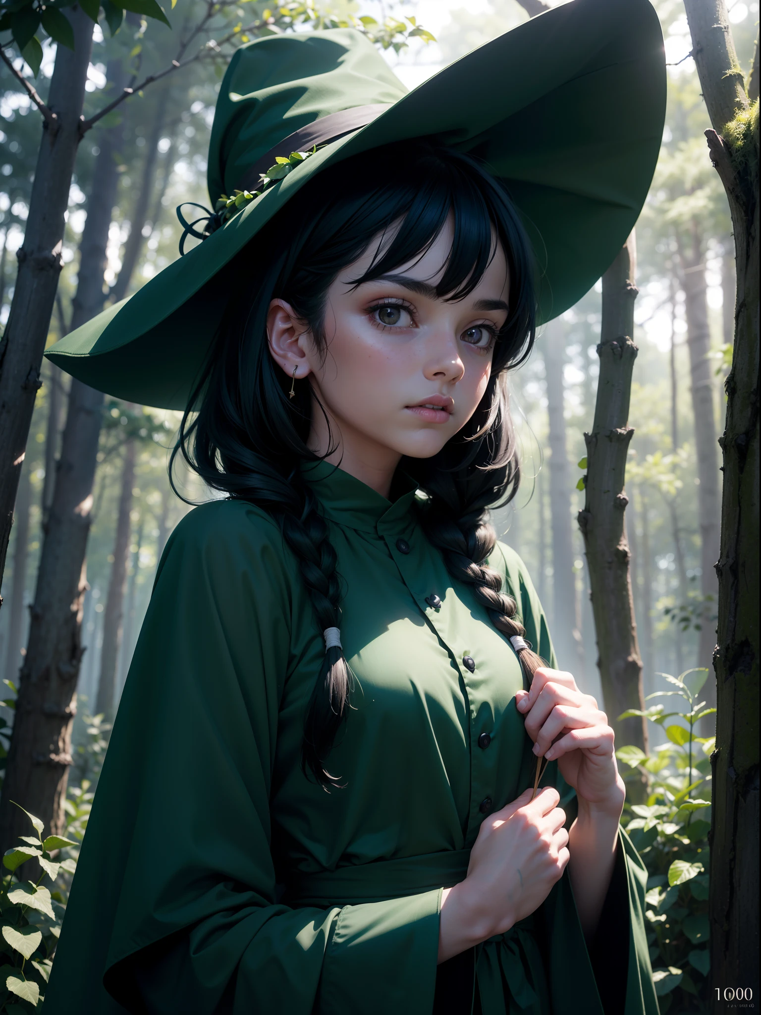 (Simple green witch robe and big green shirt,Cute girl with simple green witch big hat and braid, Cute black hair girl, Approx., short height, Dark hair , Green dressing gown, Split lips,Upper body, light Particle, forest, Intense sunlight,Effect of twinkling aerial light,Oversized shirt,lanthanum),​masterpiece, top-quality, At 8K, detailed skin textures, Detailed Cloth Texture, beautifull detailed face, intricate detailes, ultra-detailliert, Regina Display, Super Detail, high details, High quality, Best Quality, hight resolution, 1080p, in 8K,