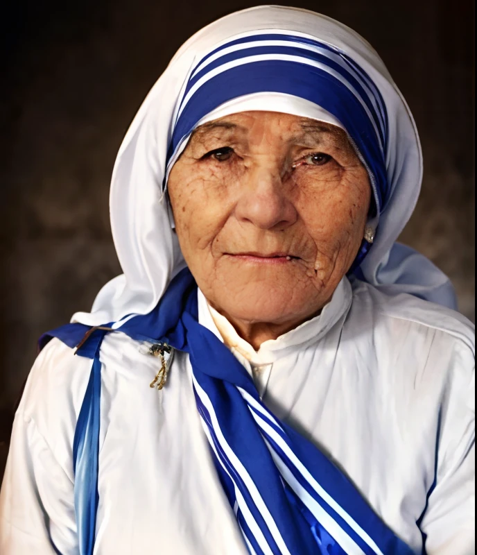 Fotografia toda em foco com nitidez alta, pele com textura de pele, An elderly woman with a blue scarf and white shirt with a light smile, Madre Teresa, lente tele, christian saint