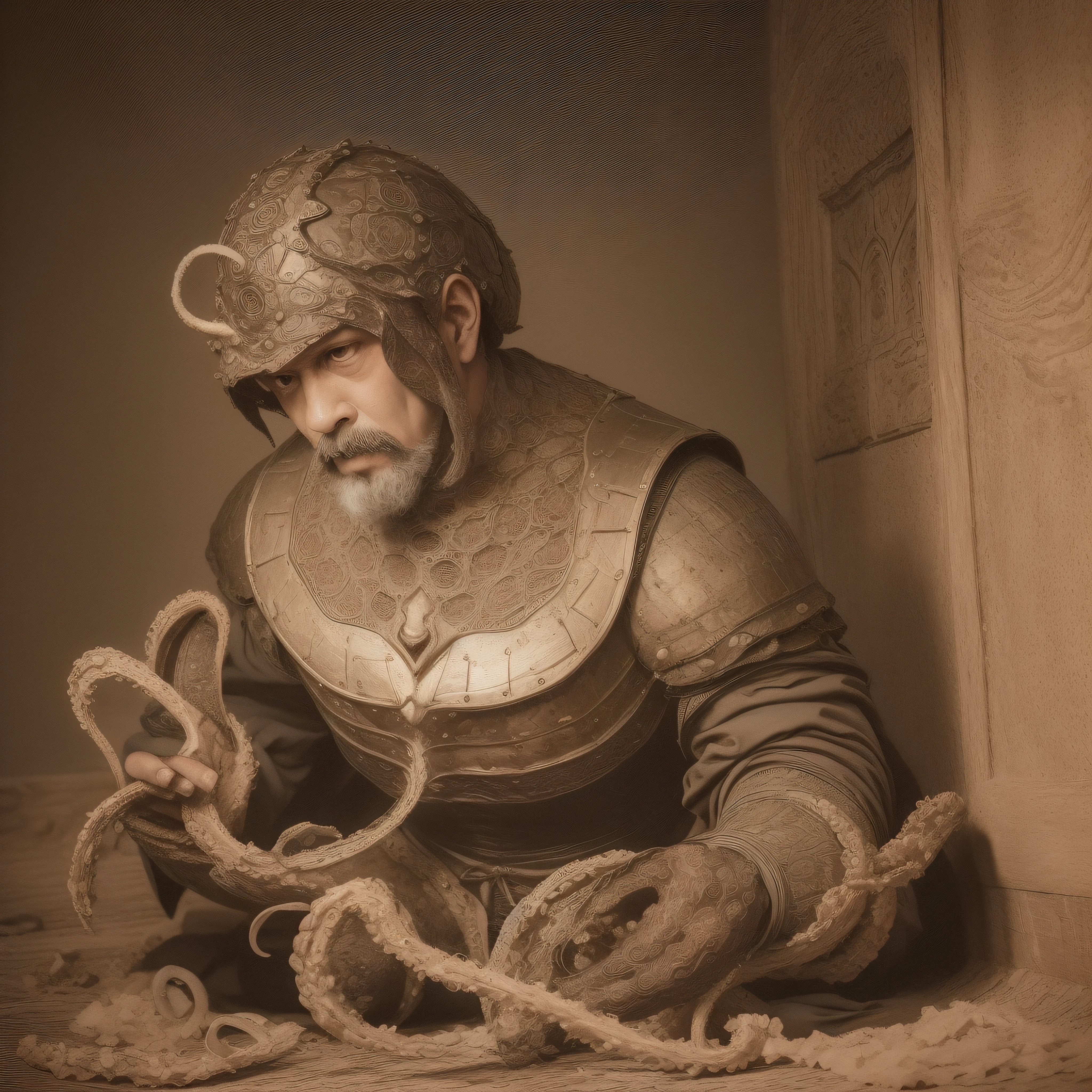 (extremadamente detallado, obra maestra, La mejor calidad), Estilo oscuro, intense illumination. templario. armadura medieval, rostro con arrugas, lengua larga, tentacle, deforme, imagen submarina, pico de pulpo amenazante. manchas de tinta. Rococo composition. Luz de caravaggio