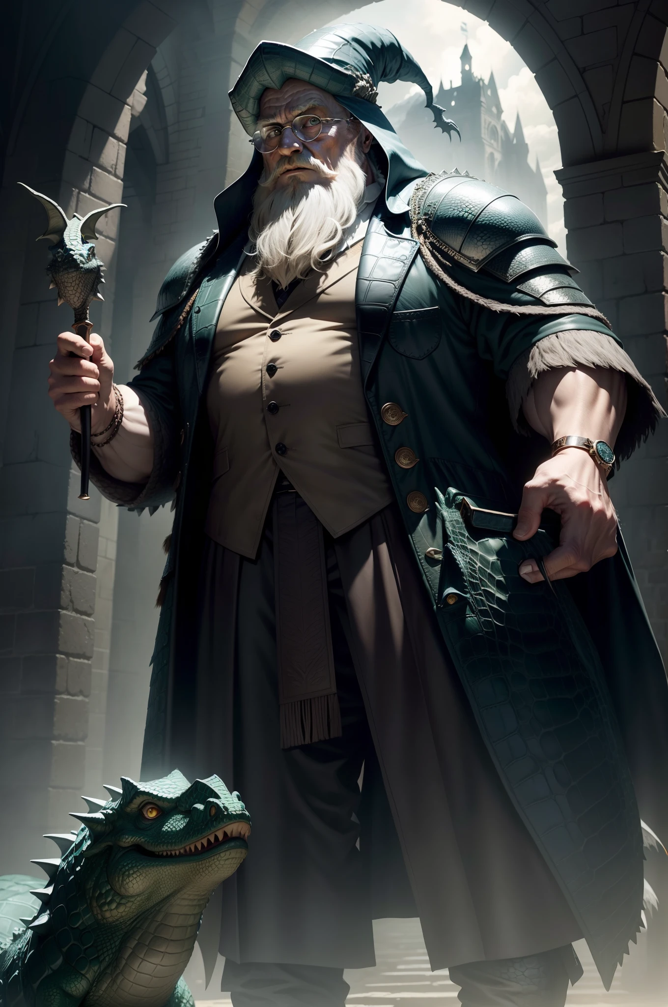 dumbledore,a old man,Big chest,wearing an outfit,Wearing crocodile dragon armor,Wearing a crocodile head hat,muscle men ,Man,Wear half-moon glasses,Realiy,Riding a crocodile