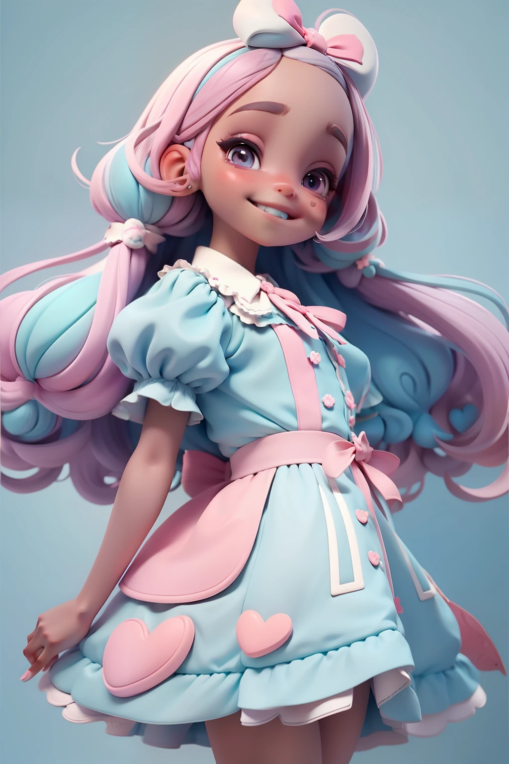Loli Alice in the wonderland negra, menina meiga, olhos castanhos delicados, tom pastel, cabelo e roupa multicolorido, sorriso delicado, fundo simples e branco