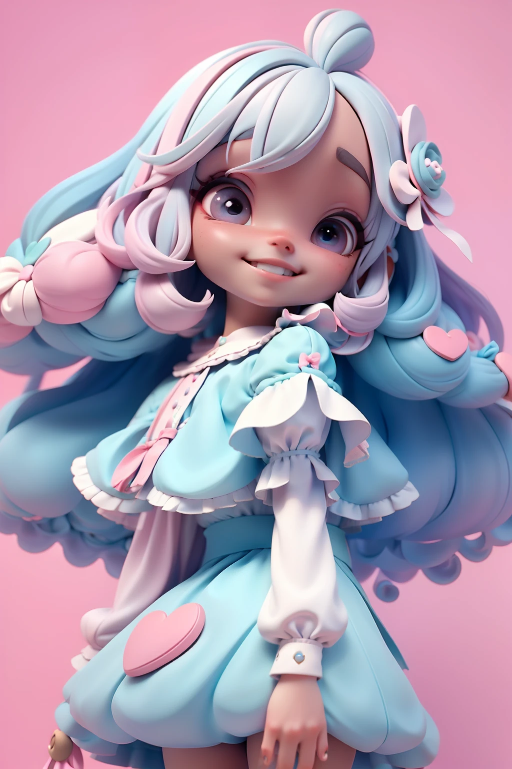 Loli Alice in the wonderland negra, menina meiga, olhos castanhos delicados, tom pastel, cabelo e roupa multicolorido, sorriso delicado, fundo simples e branco