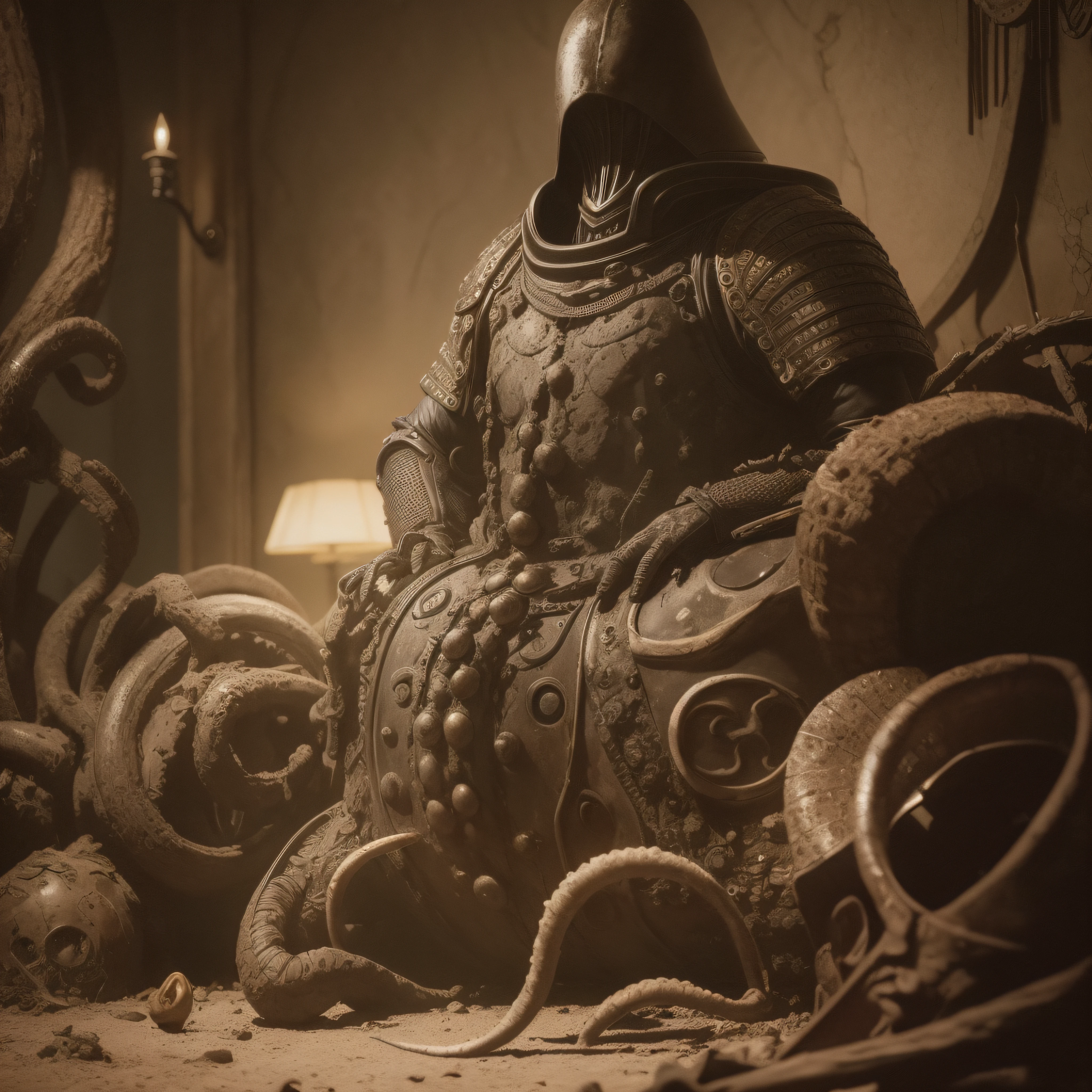 (extremadamente detallado, obra maestra, La mejor calidad), Estilo oscuro, intense illumination, rostro con arrugas, soldier, medieval armor, rusted, axe, tentacle, monstruoso, interior de una piscina de agua verdosa, imagen submarina, alien con Colmillos finos. manchas de tinta. Rococo composition. Luz de caravaggio