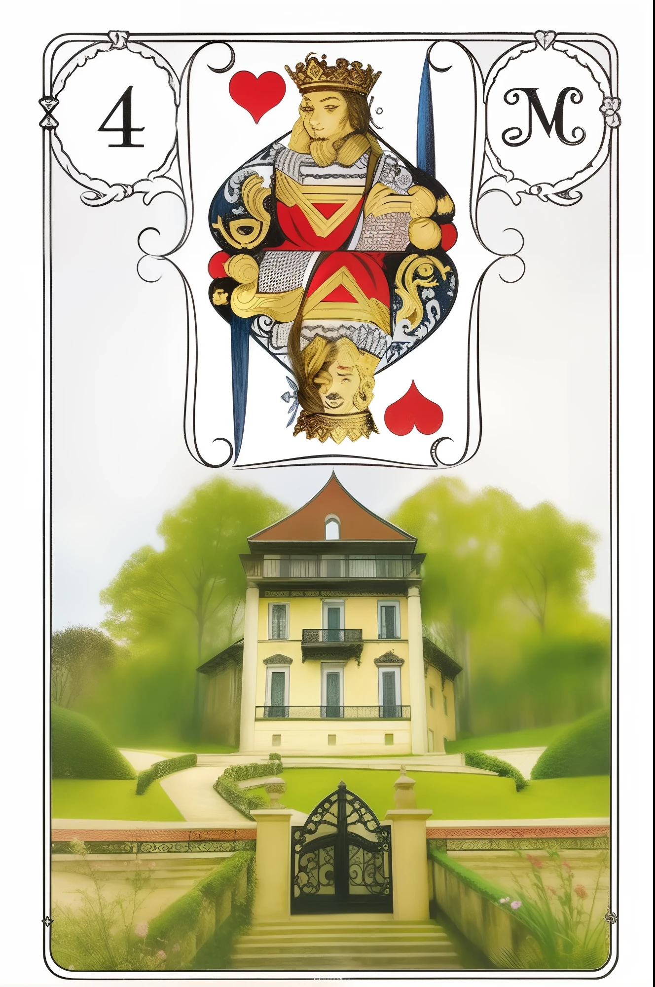 A drawing of a King of Hearts card with a building in the background, major arcana palace occult, Baralho vitoriano, O Rei de Copas, principais cartas arcanas, baralho de muitas coisas, Rider Waite Card, [ Tarot card ]!!!!!, rider-waite tarot, o baralho de muitas coisas, The Tarot Card, as a tarot card