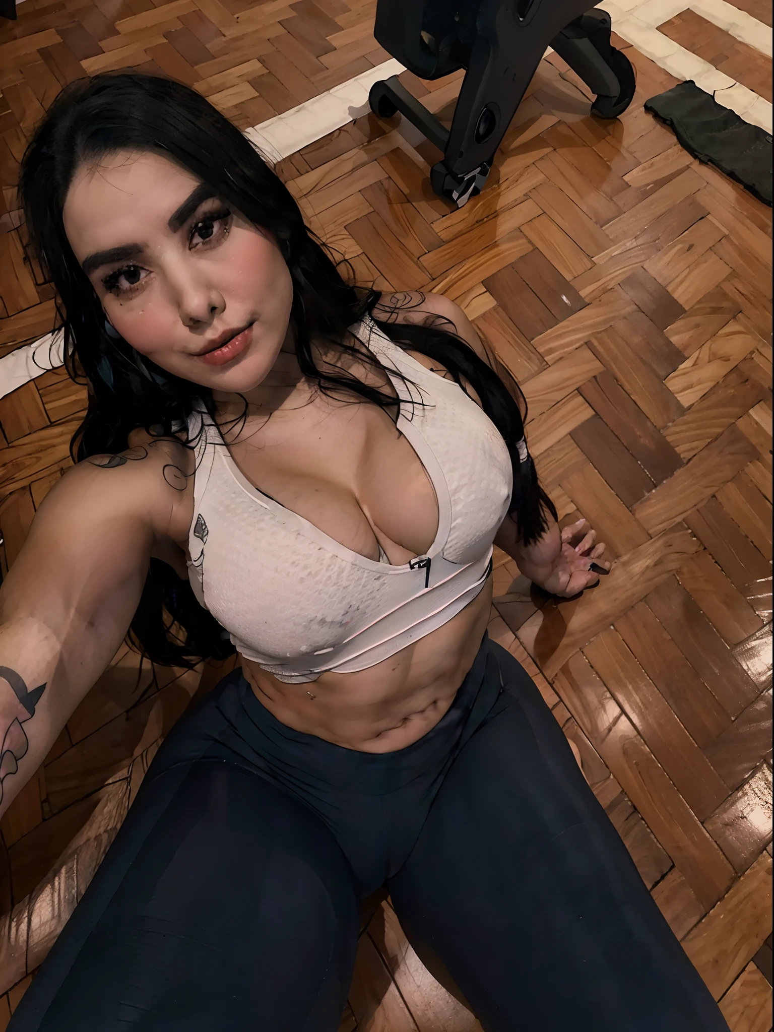 (best quality) Detailed sportswear girl, sitting on the gym floor, spread legs, wearing an intricate leggings and sports bra, highlighting the slight abs, while the chest tattoo adds a cinematic touch to the scene amidst the black tattoo, and cinematic lighting perfects the overall ambiance.