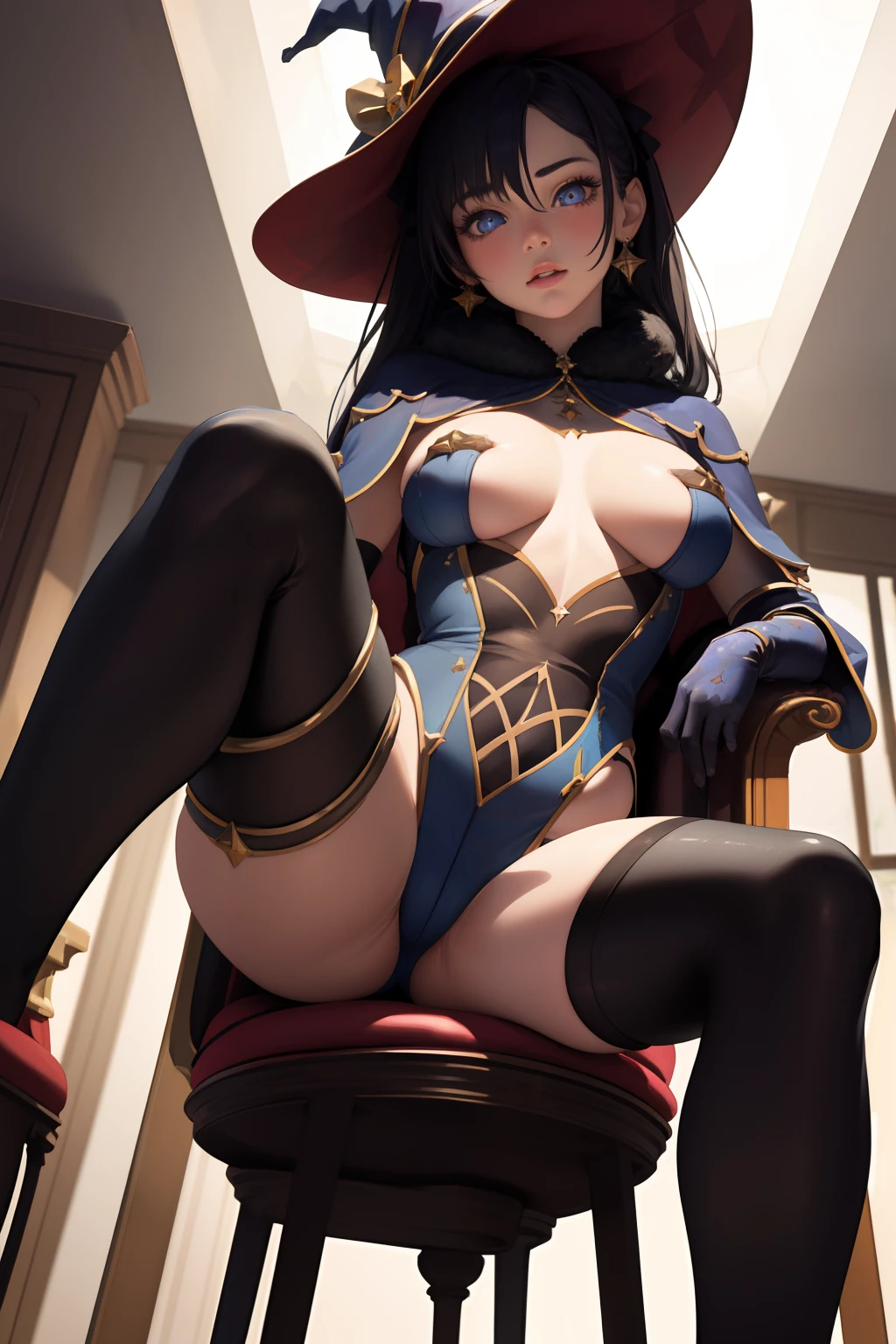 realistic, photorealistic, masterpiece, (1girl:1.3),beautifully detailed eyes, best quality, highres, extremely detailed beautiful,1girl, shiny skin, wizard hat, bodysuit, gloves, stockings, monadef, mona, medium breast, dark purple hair, beacnh, chair, high contrast, underboob, sitting, pov, from below