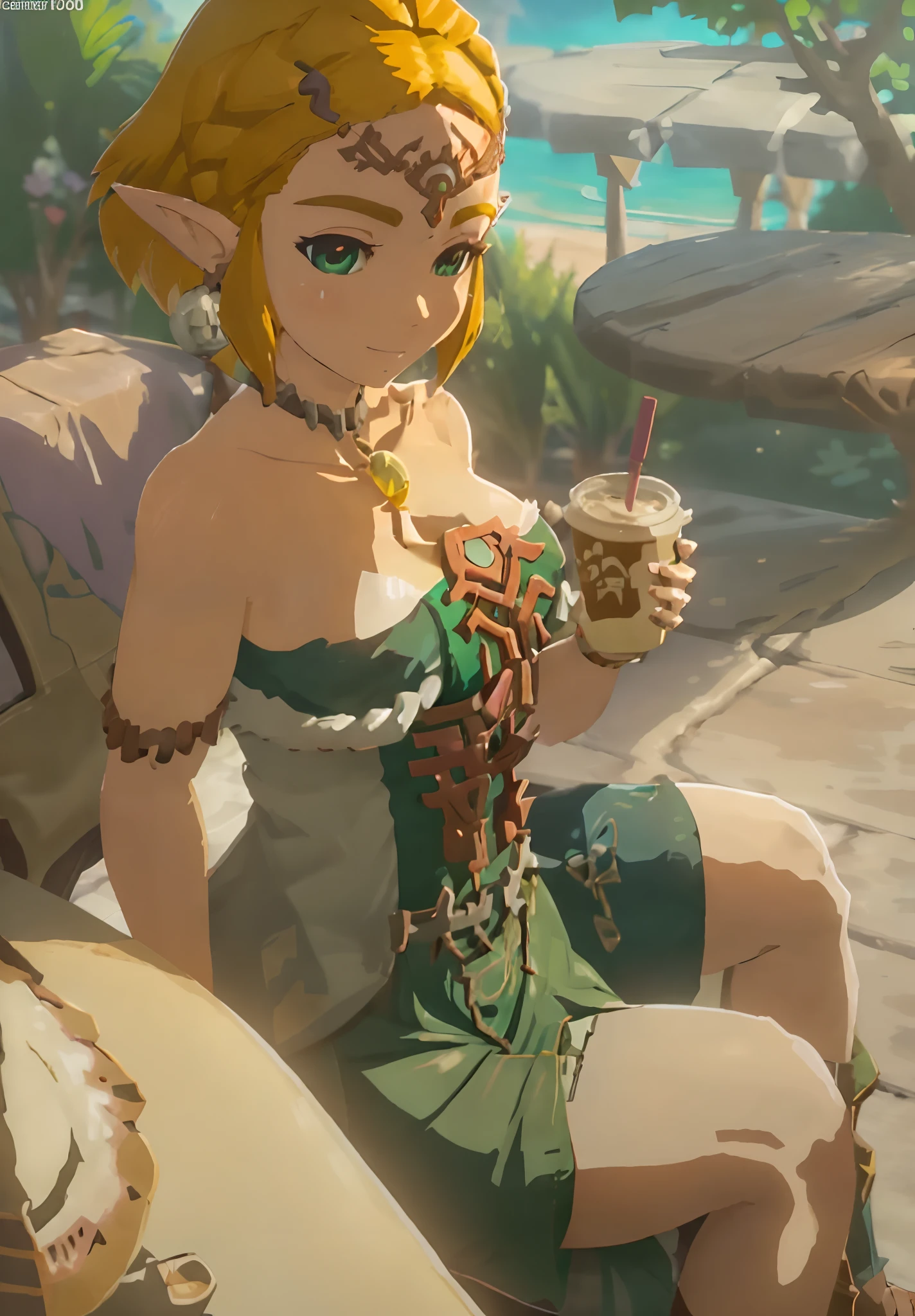 zeldatotk,1girl,smile,cel shading,full body in view,green eyes, enjoying a coffee, sitting in the cafe, hot coffee, (((busty))), (((big breast))), cleavage