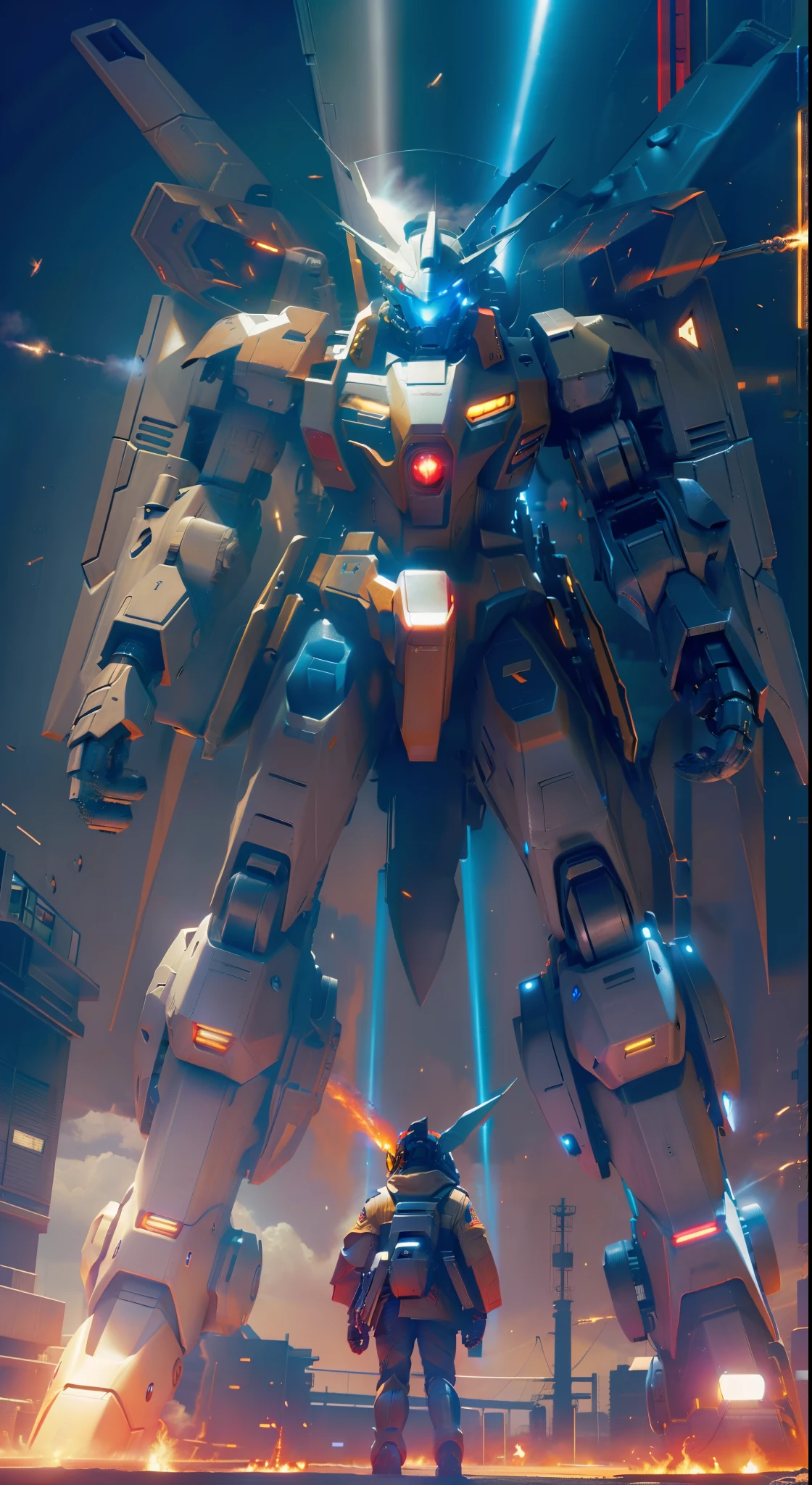 Surrealism, Ray Tracing, Photorealistic, UHD, High Detail, 32k, Best Quality, Textured Skin, Gundam Mecha, Flight, Funnel, Mecha Ship, Masterpiece, Best Quality, Mecha, Unmanned, (Full Body), (Black Mecha: 1.8), (Axisymmetric: 1.4), (HDR), (Movie Light: 1.1), White Eyes, Cool, Science Fiction, Fire, Universe, oversized shield, mecha man overlooking the background of the earth, with laser cannon beams, wars, conflicts, weapons in hand (has a huge weapon: 1.5),