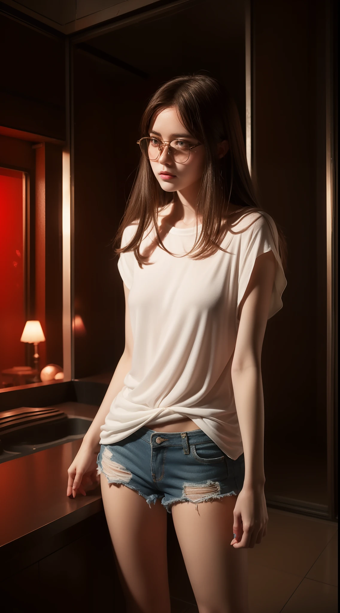 Beautiful young Margaret Qualley, The Last of Us, game, glasses, white shirt, tight shirt, wearing cute top, wearing simple tight clothes, white tights, hyperrealistic, 14 years old, model's body, small breasts , beautiful breasts, long hair, layered hairstyle, blonde hair, long legs, 8k, lakefront, cherry blossom, solar floor light, led lighting, blood on the wall, pool of blood, full of human remains, detailed reflection, style anime