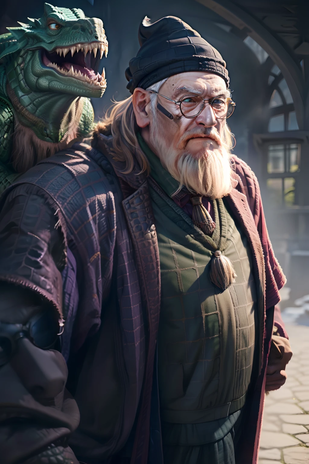 dumbledore,a old man,Big chest,wearing an outfit,Wearing crocodile dragon armor,Wearing a crocodile head hat,muscle men ,Man ,Wear half-moon glasses,Realiy,Ride a crocodile