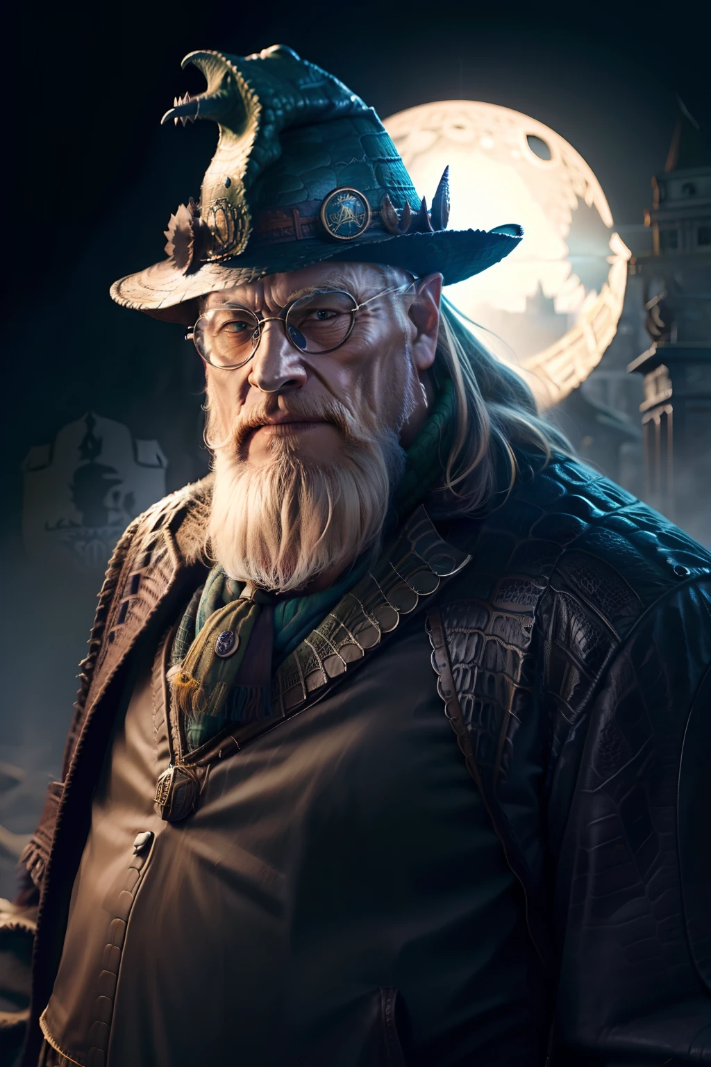 dumbledore,a old man,Big chest,wearing an outfit,Wearing crocodile dragon armor,Wearing a crocodile head hat,muscle men ,Man ,Wear half-moon glasses,Realiy,Ride a crocodile