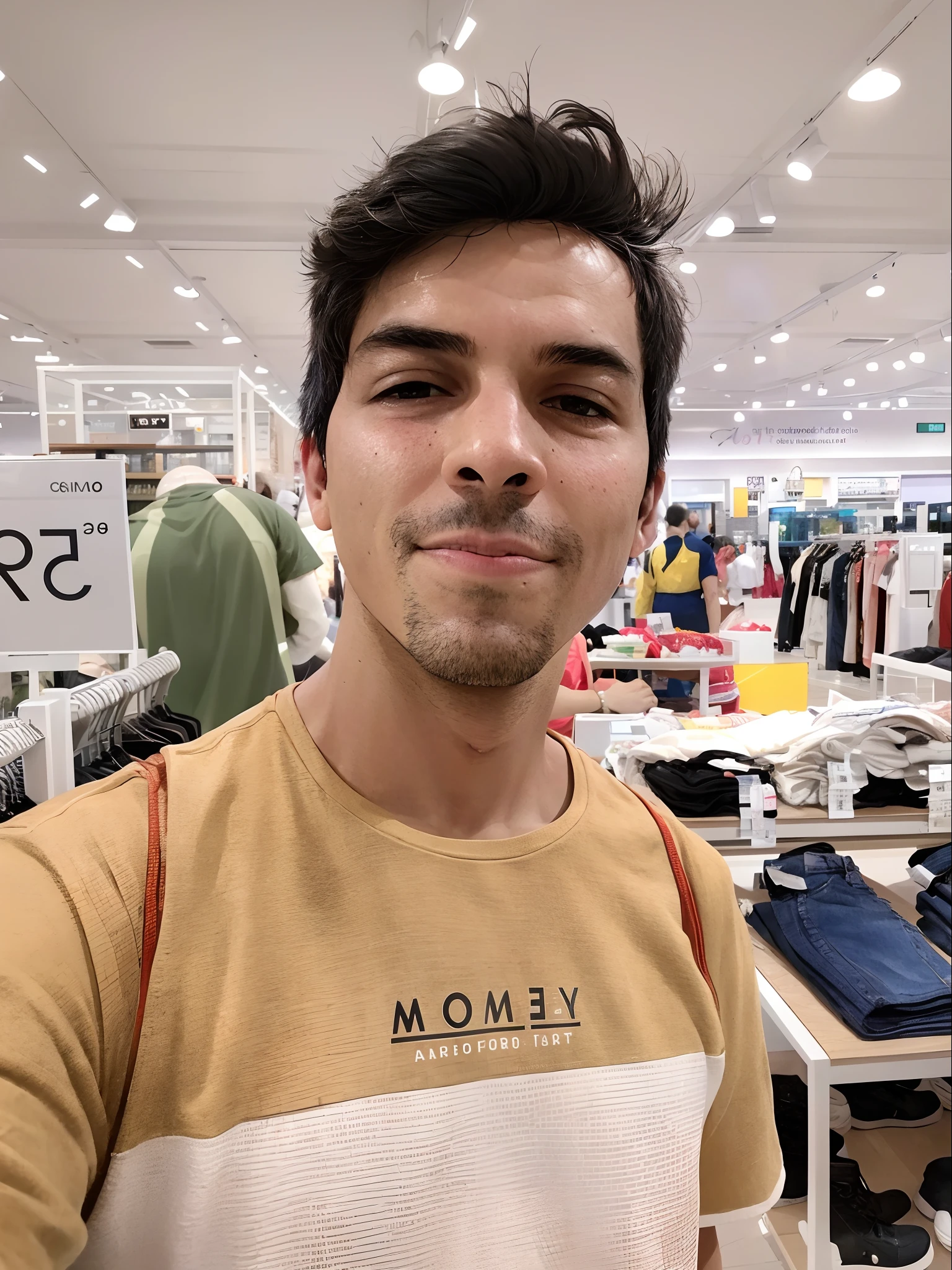 homem arafed em uma loja com uma variedade de roupas, em um shopping, aparecer em um shopping center, ficou em um supermercado, Tomado com Sony Alpha 9, em um shopping, selfie de um homem, Tiro em GoPro9, imagem de qualidade muito baixa, staring directly at camera, Tiro na Nikon Z9, selfie shot straight on angle