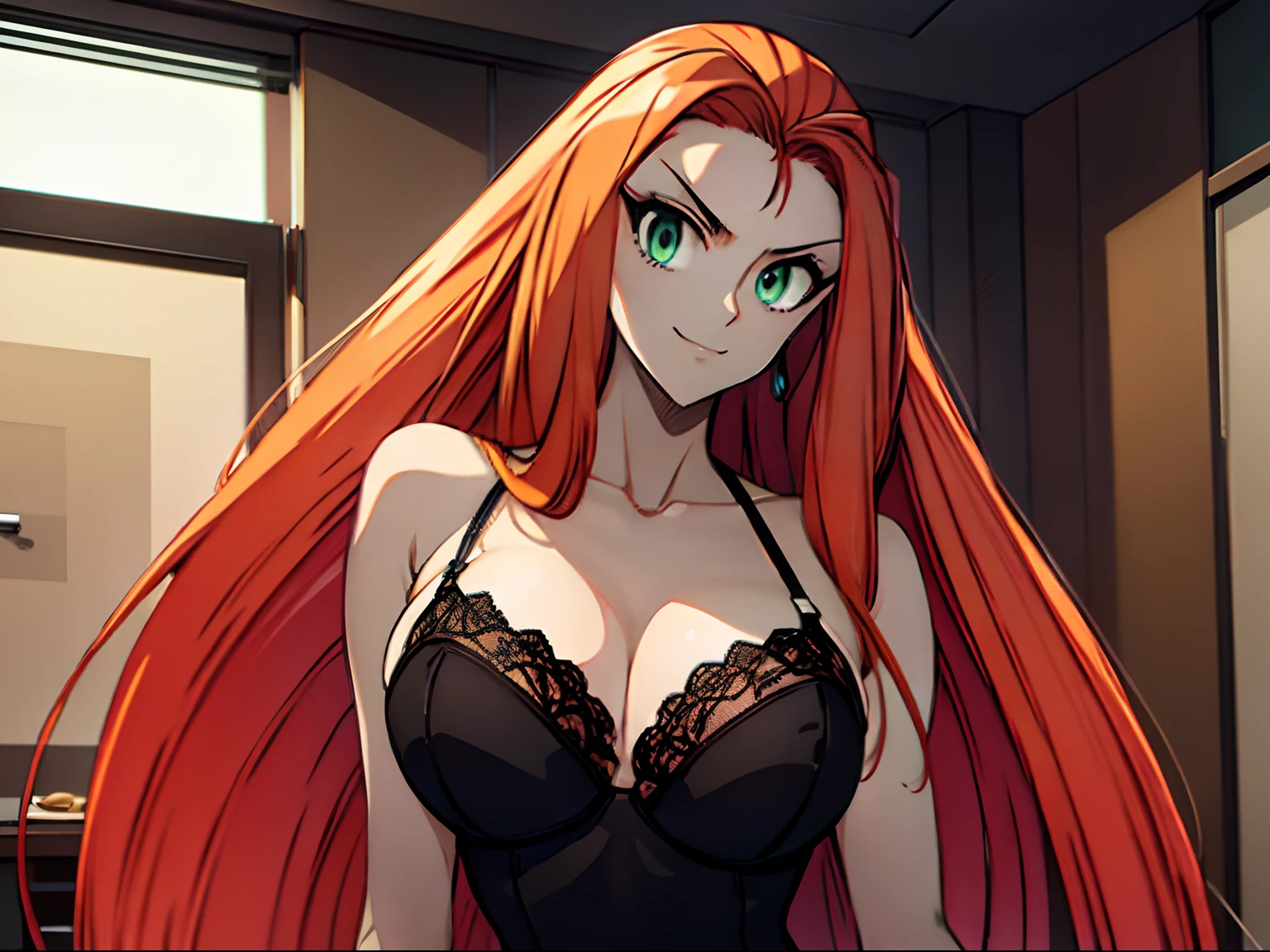 ((masterpiece)), ((best quality)), ultra detailed, detailed background, orange hair, Long Hair , green eyes, thin eyes, extreme large breast, long hair,, highest details, sexy, focus, Alluring, long legs, ((breasts shot)), (((wearing black lingerie ))), hentai style, sensual smile, erotic, erotic body, sexually suggestive, hentai body, sensual pose, naughty face, aroused body, on an office