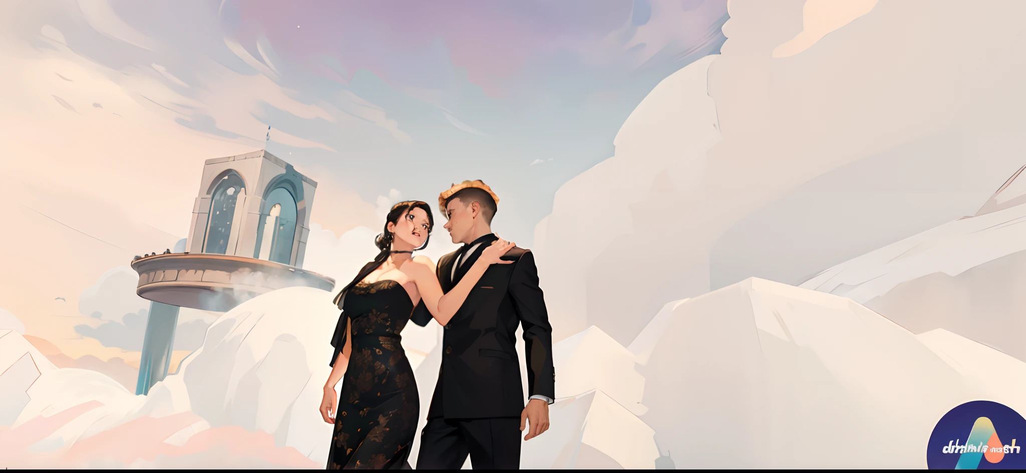 A man puts his arm around a woman, walking in the hotel lobby, evening sky, hotel lobby, fine facial portrayal, fine costume portrayal, ultra HD, 8K, vista, full body photo.