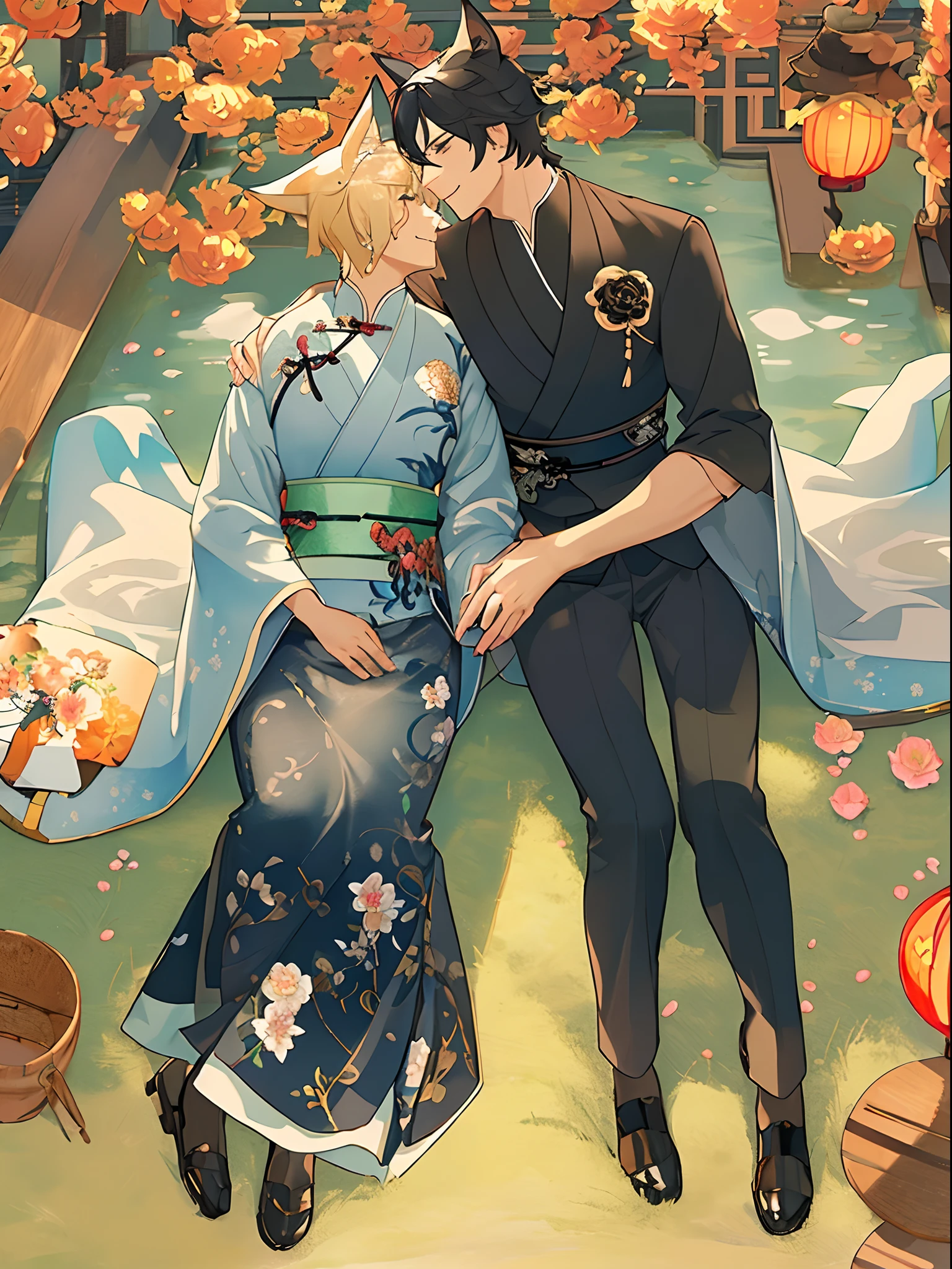 (in 8K, hight resolution, ultra-detailliert), Gay Couple, 1 man and 1 man, Mature, Hair color is different, (cuddling), full body Esbian, a blonde and a black hair, (Two men smiling face to face)、Gray-haired man with beautiful fox ears、Strong man with black hair with wolf ears、ink and watercolor painting、Traditional Chinese Ink Painting、lotuses、Hanfu、Maxi Kit、Dress conservatively、Animal ears, Knights、bule、florals、Lots of flowers nearby、shenron、extra detailed face